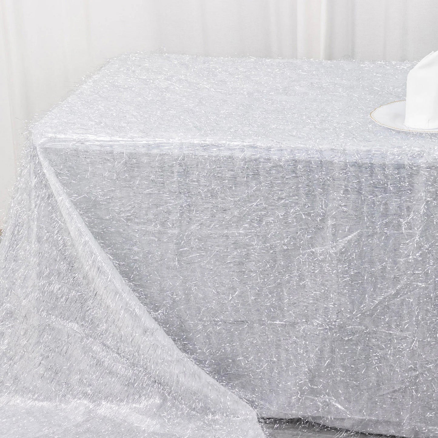 90"x156" Metallic Silver Premium Tinsel Shag Rectangular Tablecloth, Shimmery Metallic Fringe Polyester Tablecloth