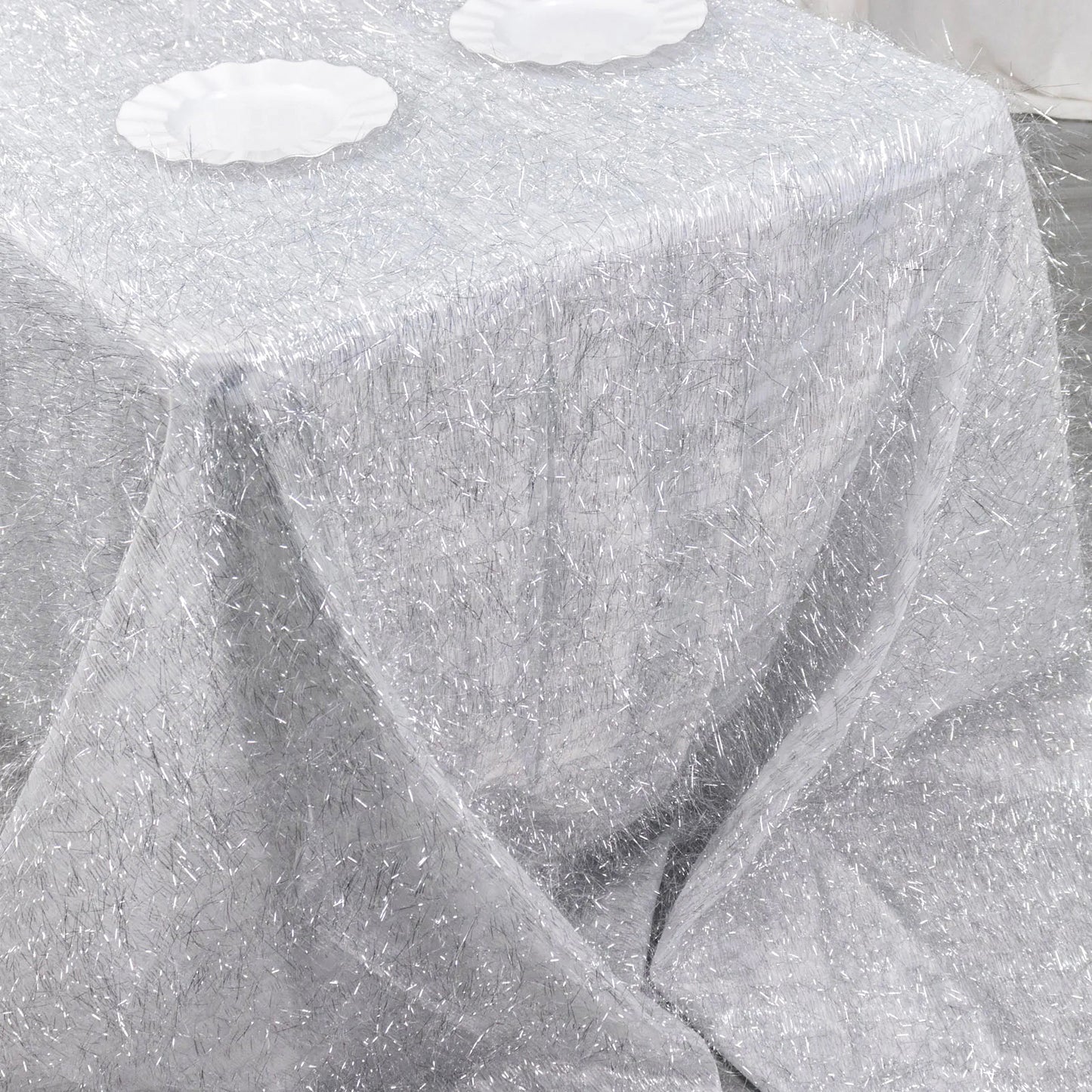 90"x156" Metallic Silver Premium Tinsel Shag Rectangular Tablecloth, Shimmery Metallic Fringe Polyester Tablecloth