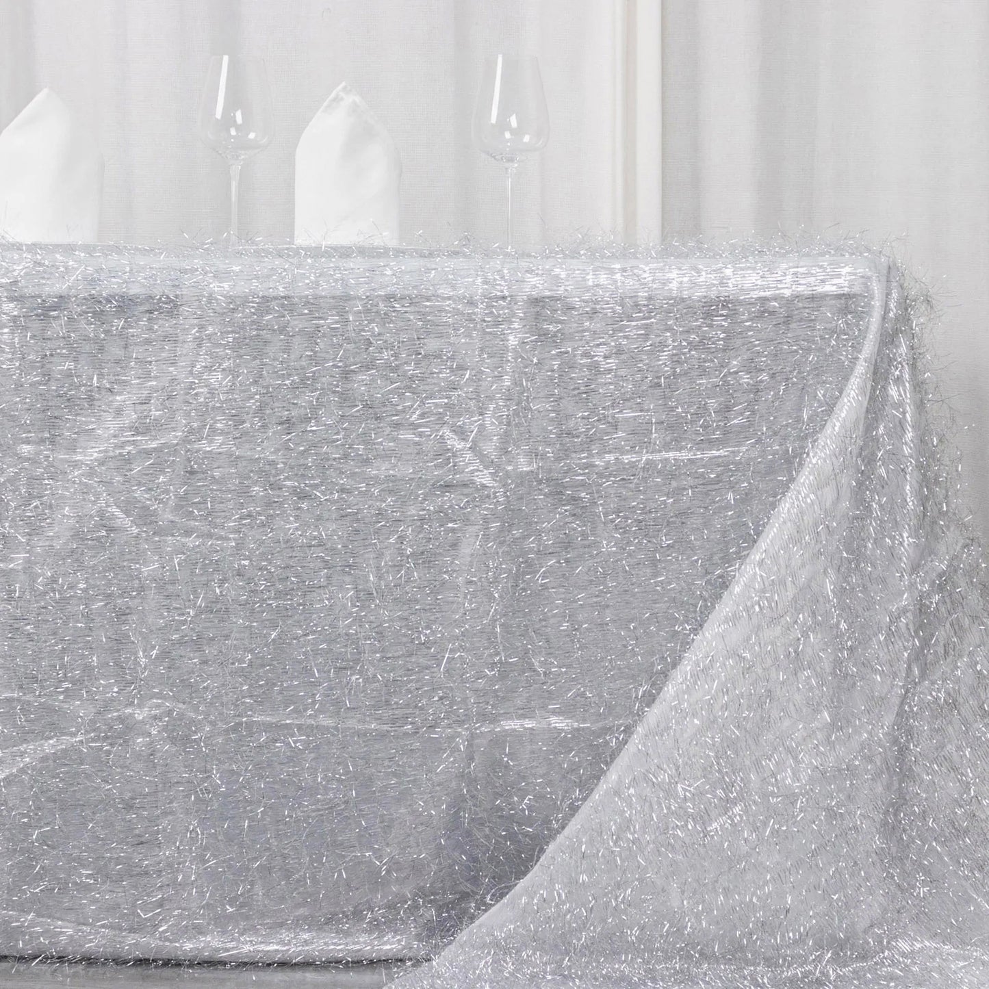 90"x156" Metallic Silver Premium Tinsel Shag Rectangular Tablecloth, Shimmery Metallic Fringe Polyester Tablecloth