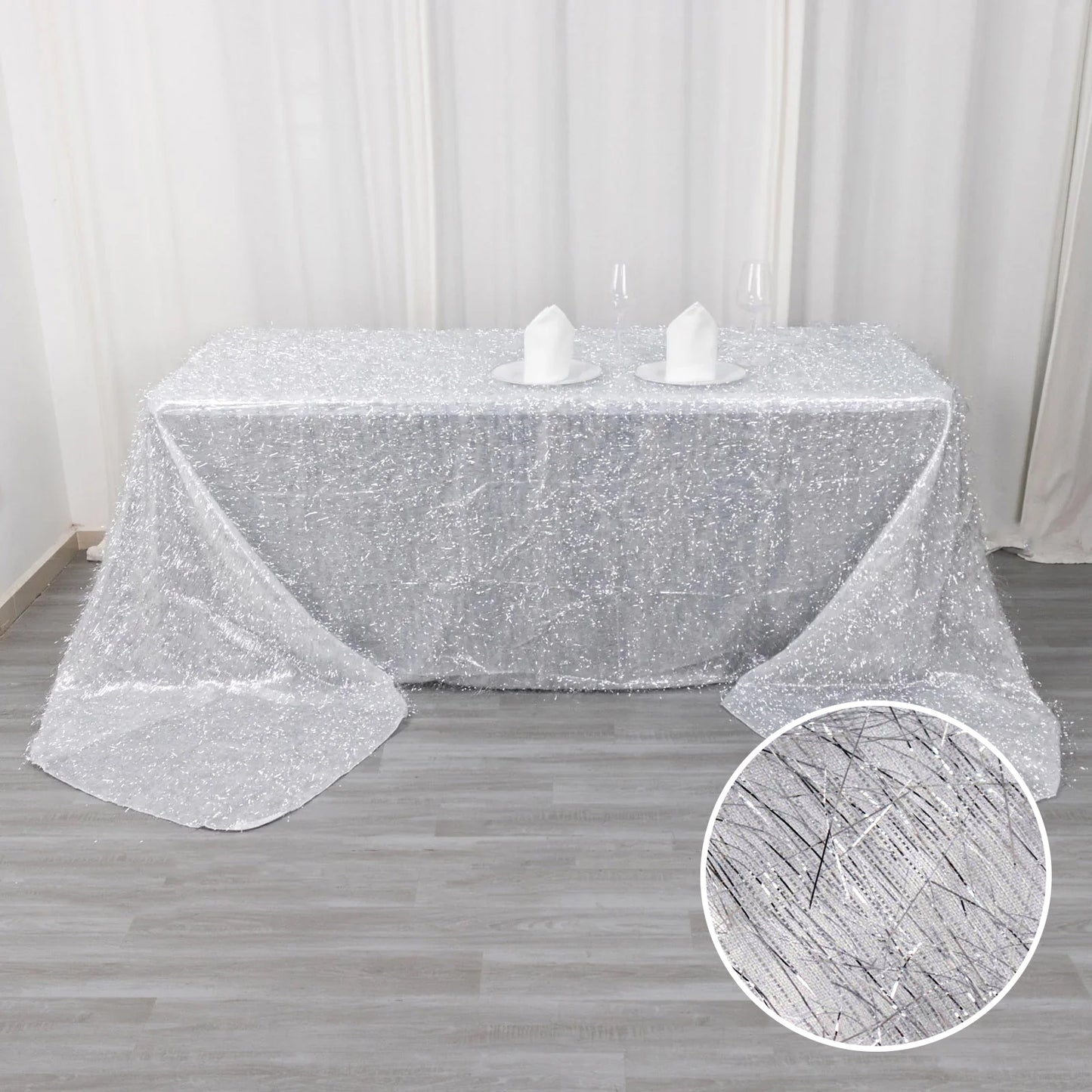 90"x156" Metallic Silver Premium Tinsel Shag Rectangular Tablecloth, Shimmery Metallic Fringe Polyester Tablecloth