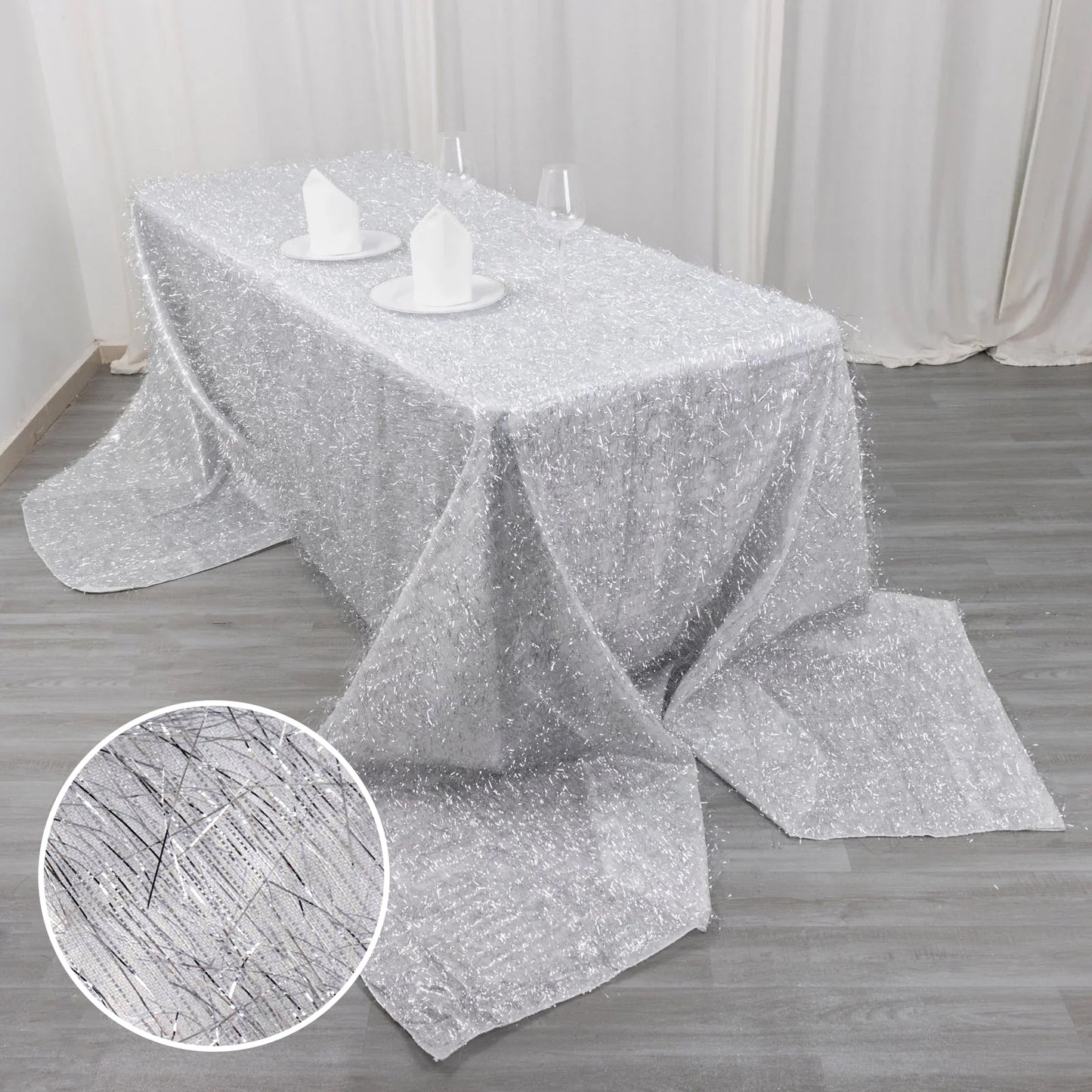 90"x156" Metallic Silver Premium Tinsel Shag Rectangular Tablecloth, Shimmery Metallic Fringe Polyester Tablecloth