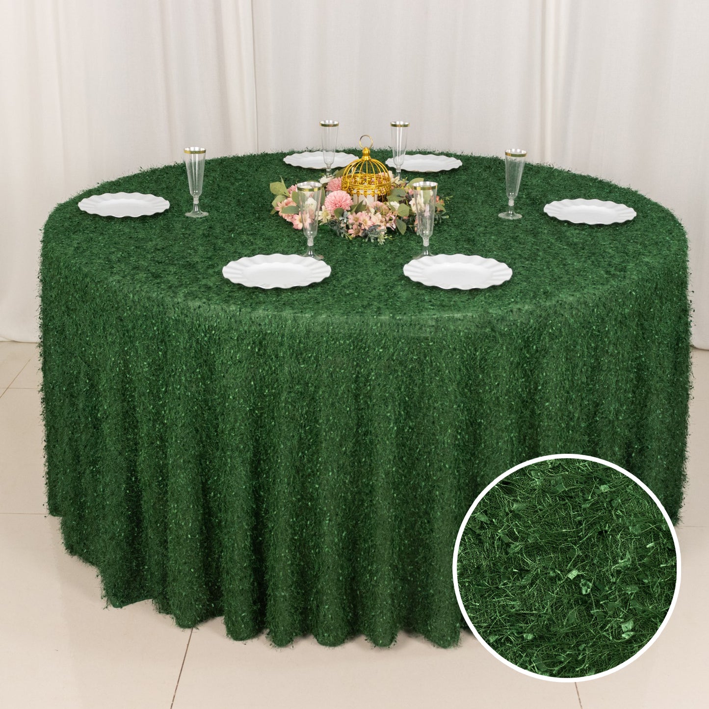 120" Green Fringe Shag Polyester Round Tablecloth