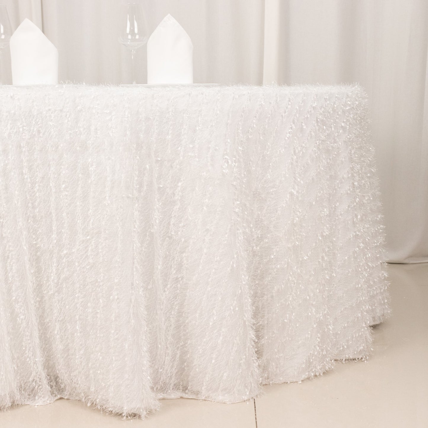 120" White Fringe Shag Polyester Round Tablecloth