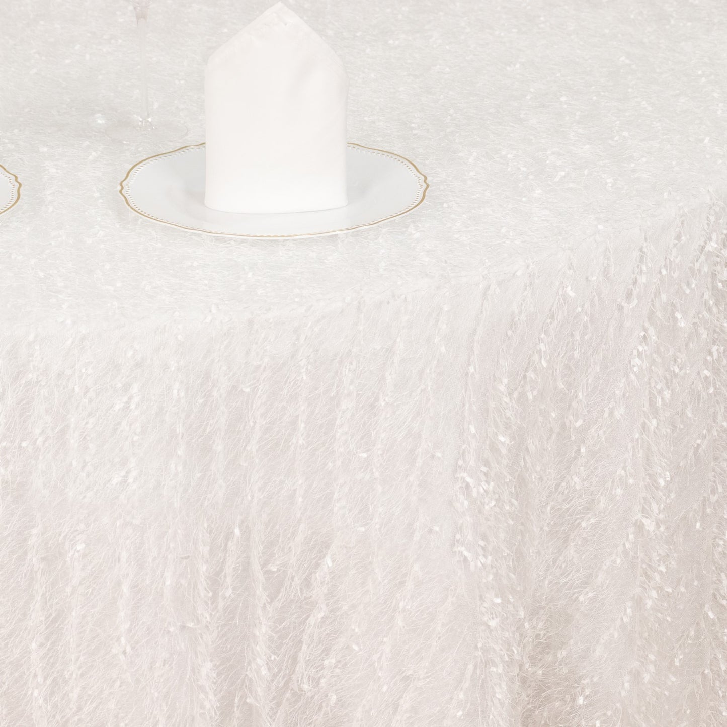 120" White Fringe Shag Polyester Round Tablecloth