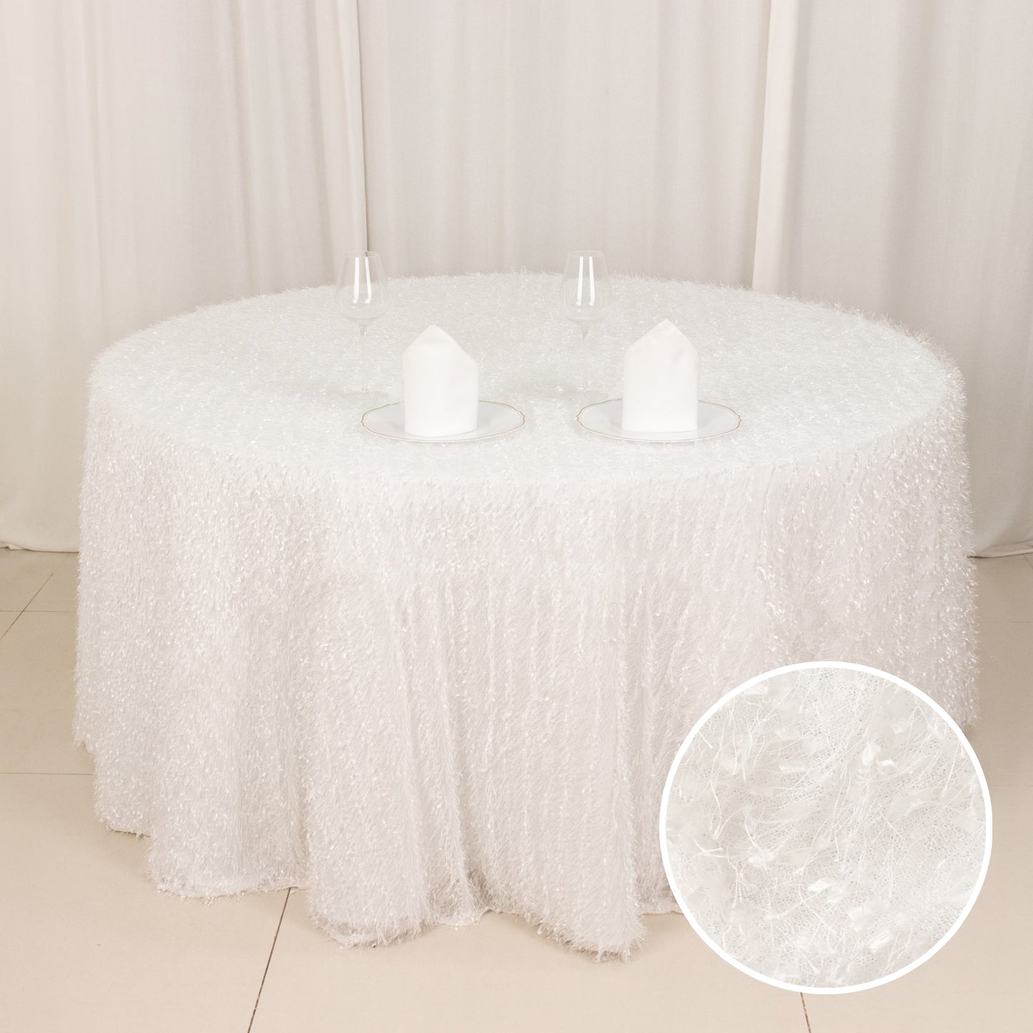 120" White Fringe Shag Polyester Round Tablecloth