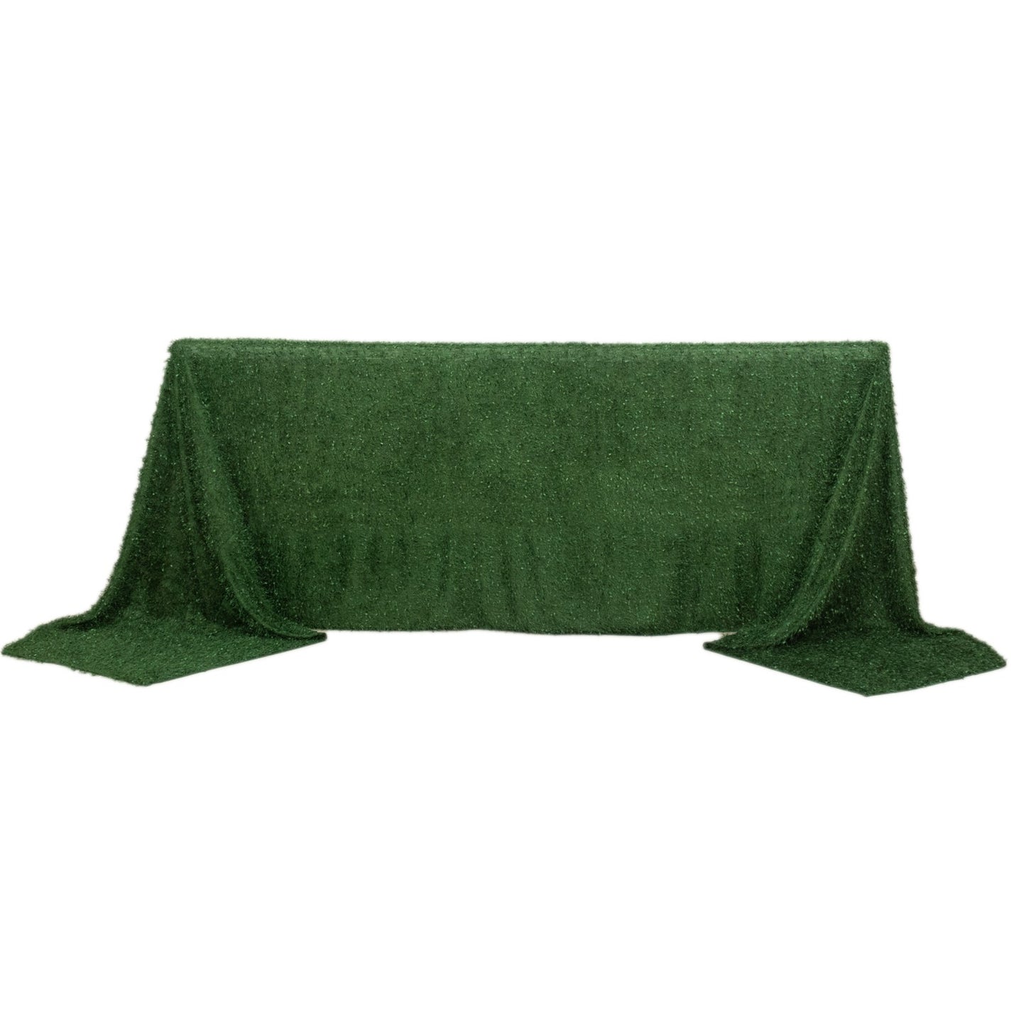 Green fringe shag polyester rectangular tablecloth.