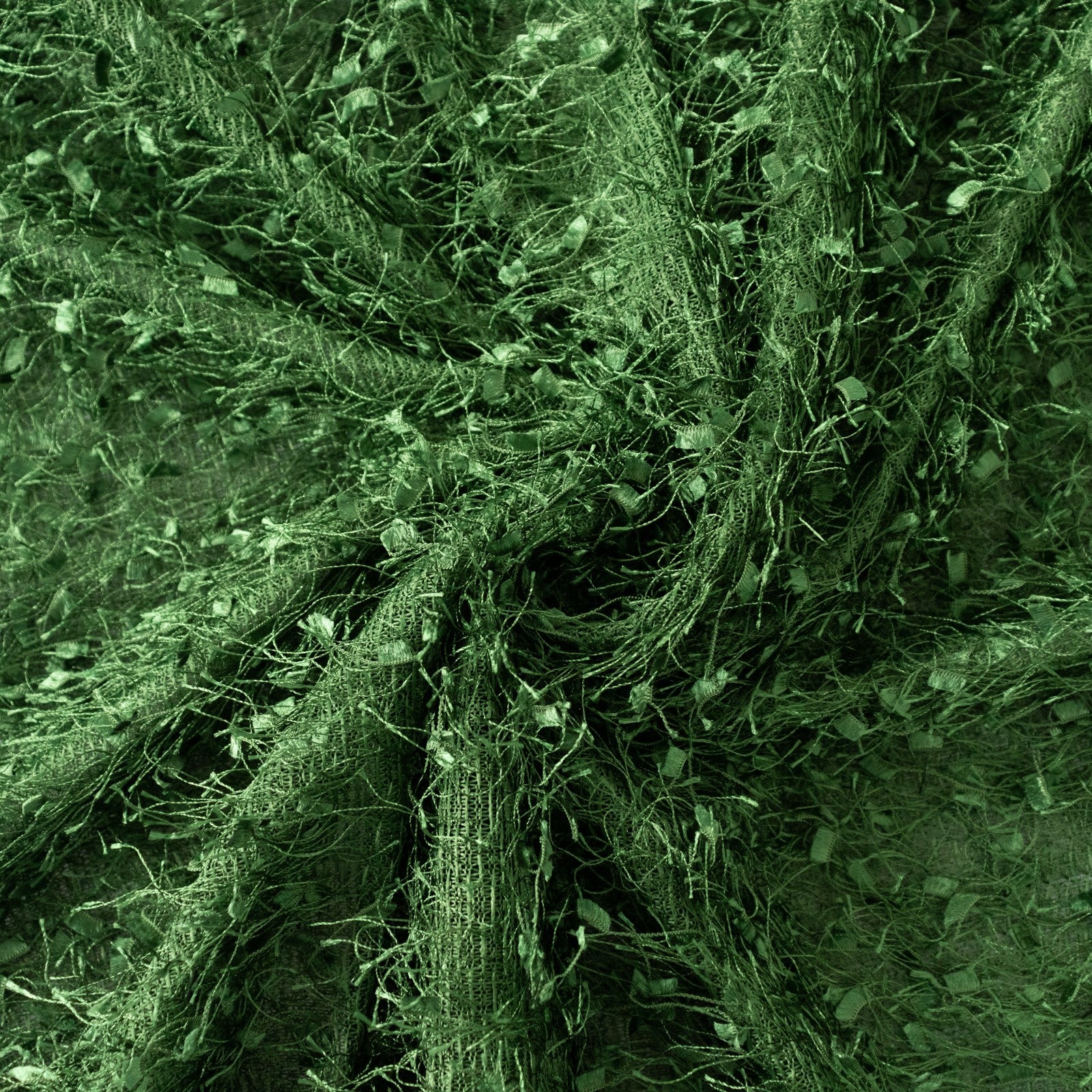 90"x156" Green Fringe Shag Polyester Rectangular Tablecloth on a textured surface.