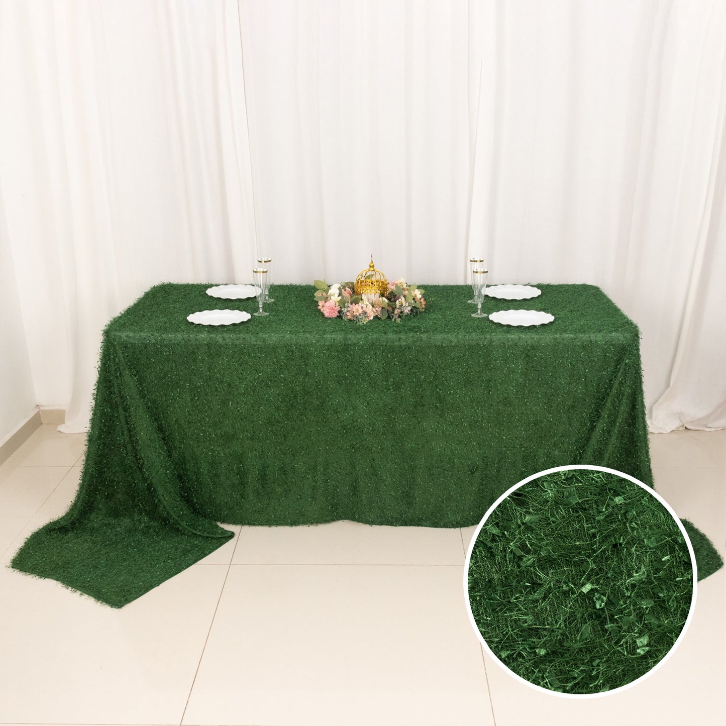 Green fringe shag polyester rectangular tablecloth.