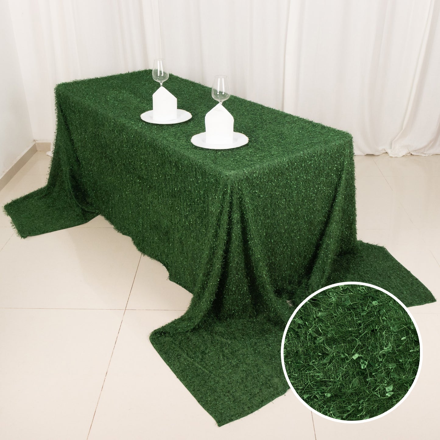 90"x156" green fringe shag polyester rectangular tablecloth on a table.