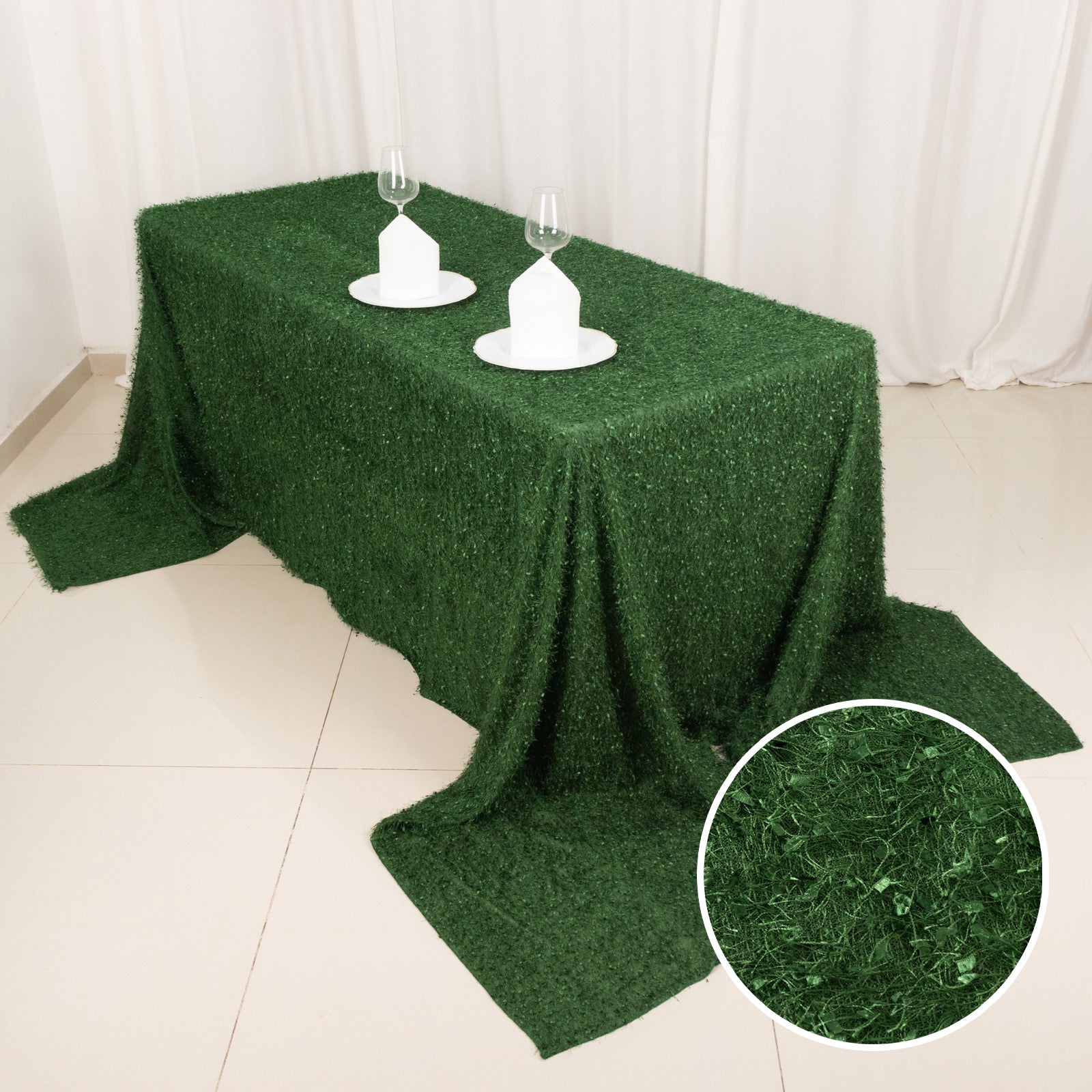 90"x156" green fringe shag polyester rectangular tablecloth on a table.