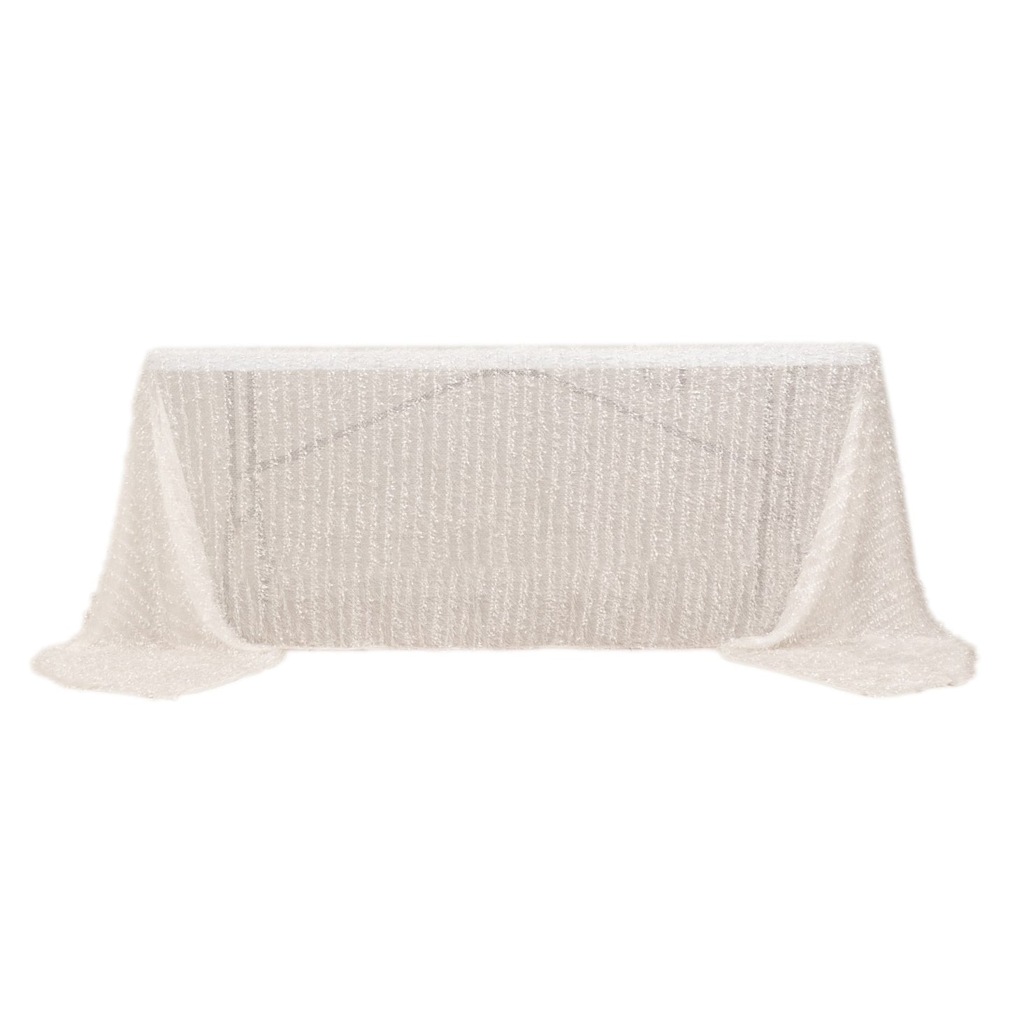 90"x156" White Fringe Shag Polyester Rectangular Tablecloth