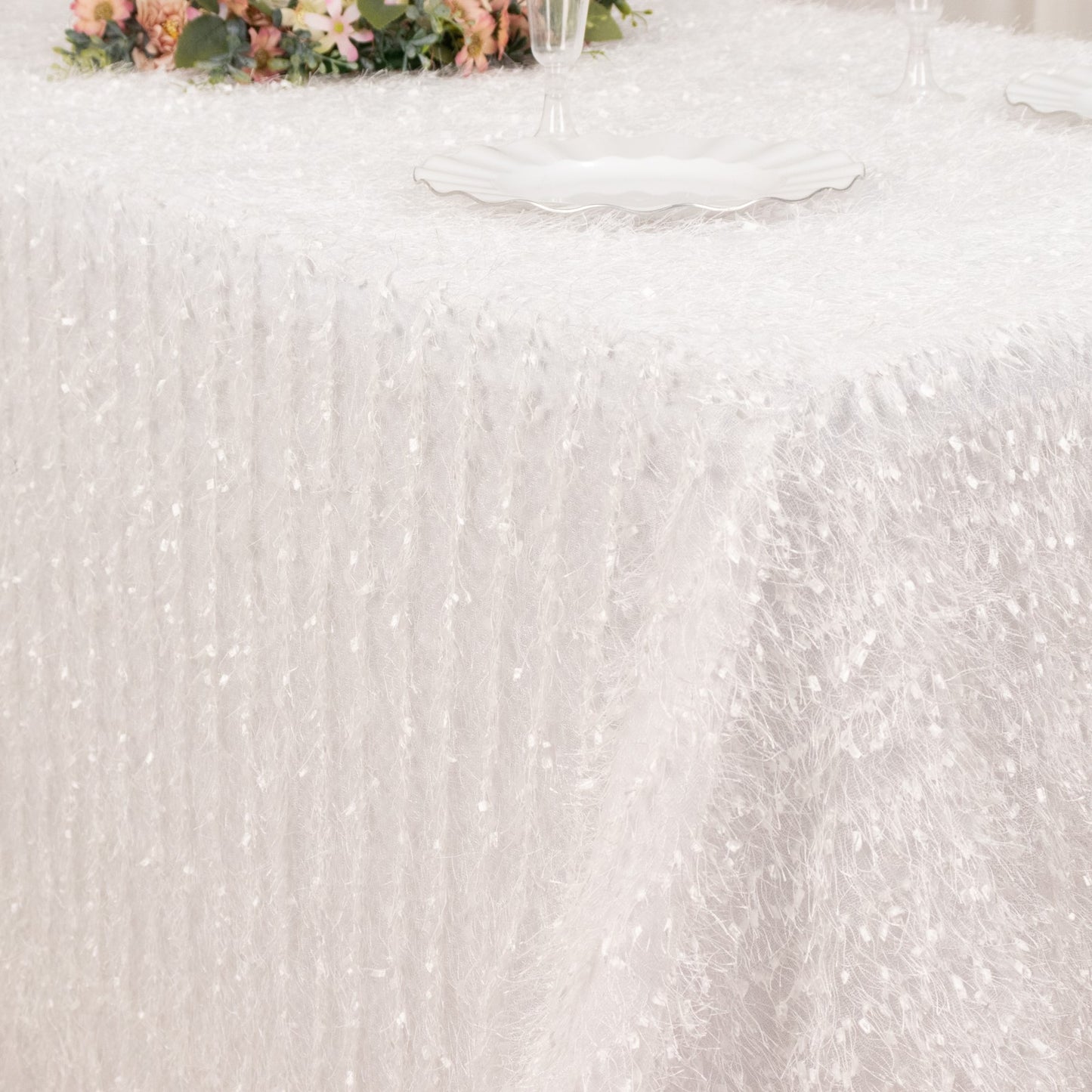 90"x156" White Fringe Shag Polyester Rectangular Tablecloth