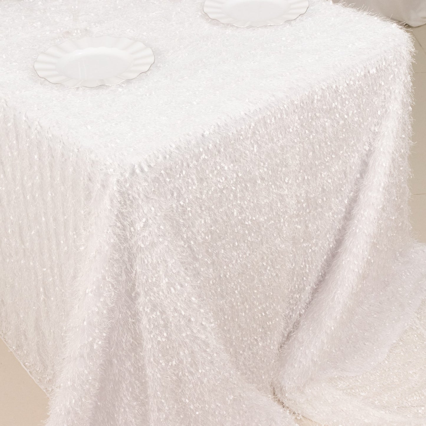 90"x156" White Fringe Shag Polyester Rectangular Tablecloth