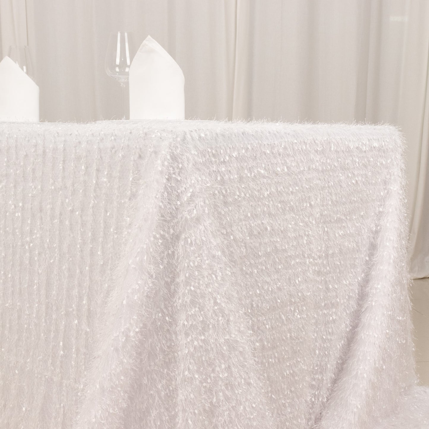 90"x156" White Fringe Shag Polyester Rectangular Tablecloth