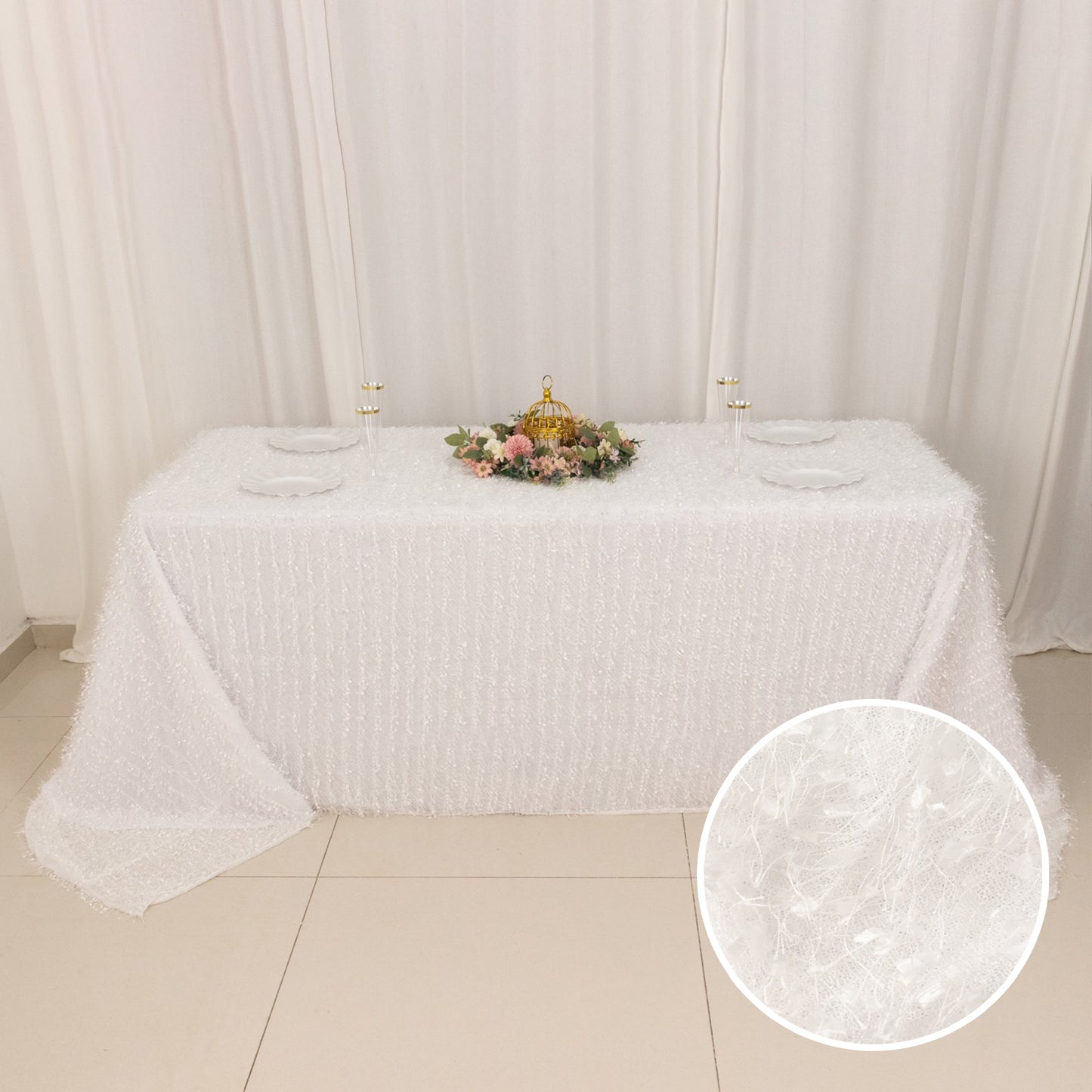 90"x156" White Fringe Shag Polyester Rectangular Tablecloth