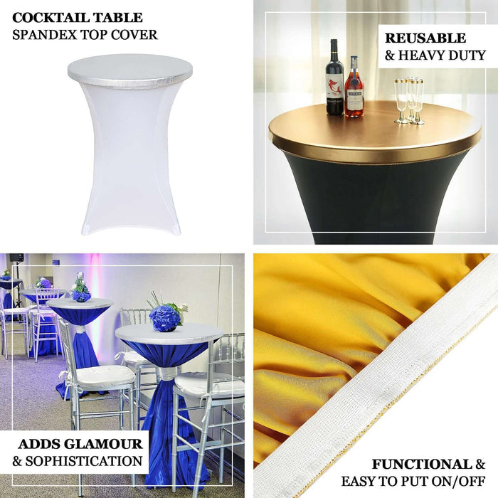 Metallic gold spandex fitted cocktail table cover for elegant events.