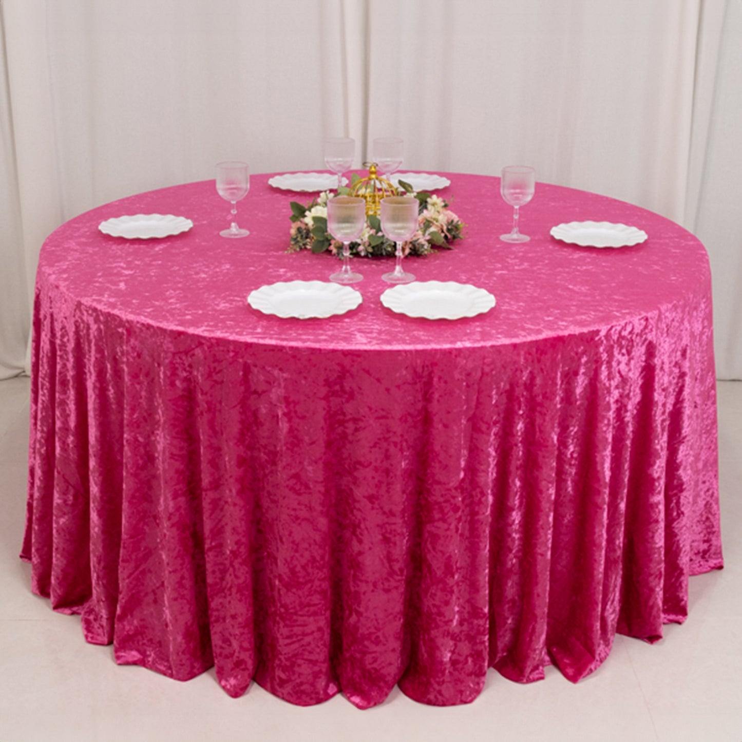120" Fuchsia Premium Crushed Velvet Round Tablecloth for 5 Foot Table With Floor-Length Drop