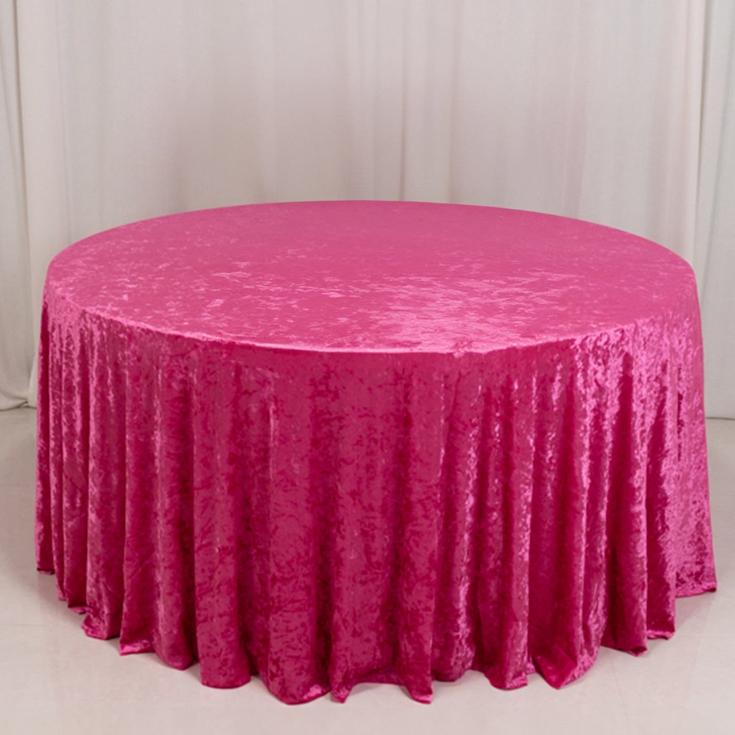 120" Fuchsia Premium Crushed Velvet Round Tablecloth for 5 Foot Table With Floor-Length Drop