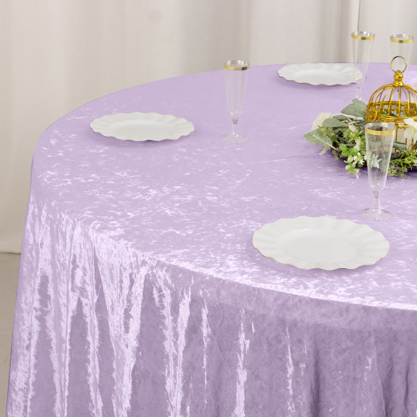 Premium Crushed Velvet 120" Round Tablecloth Lavender Lilac - Reusable Soft & Stylish Seamless Table