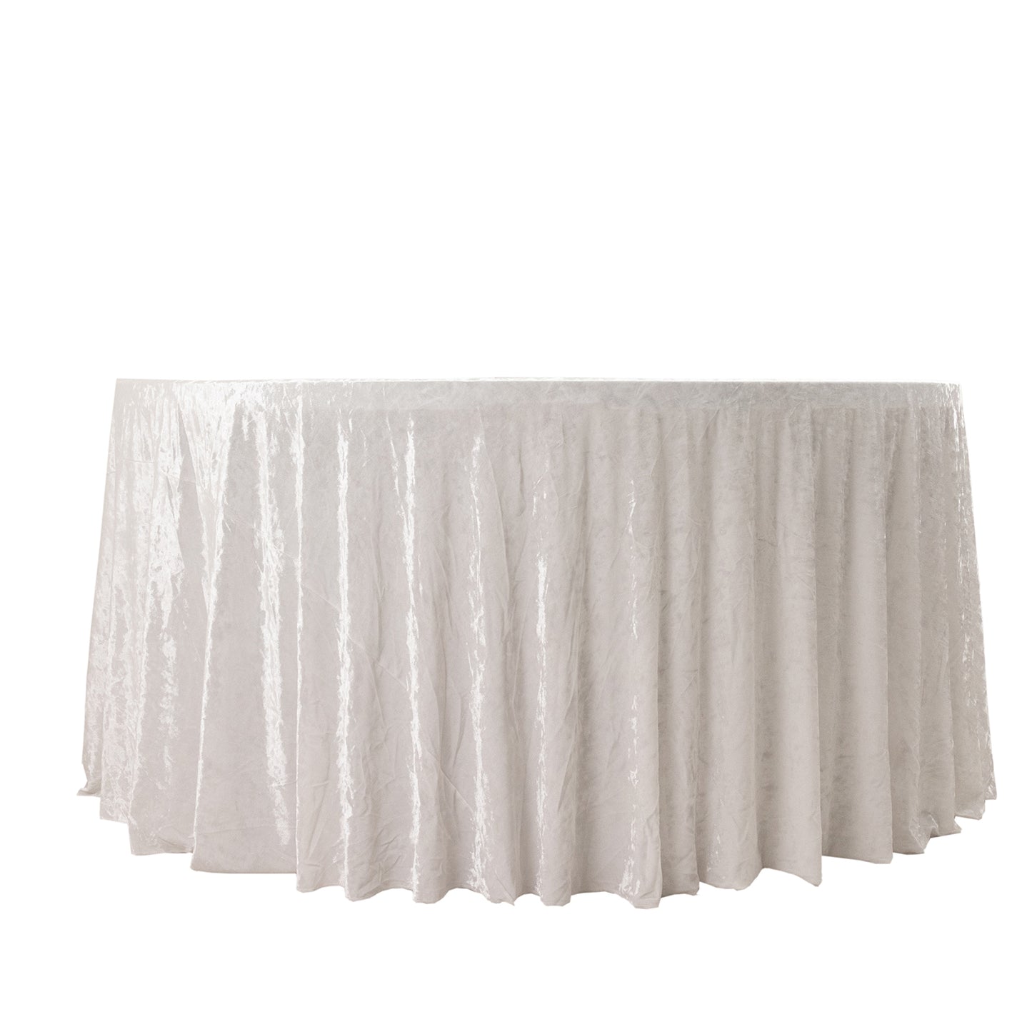 120" White Premium Crushed Velvet Round Tablecloth for 5 Foot Table With Floor-Length Drop