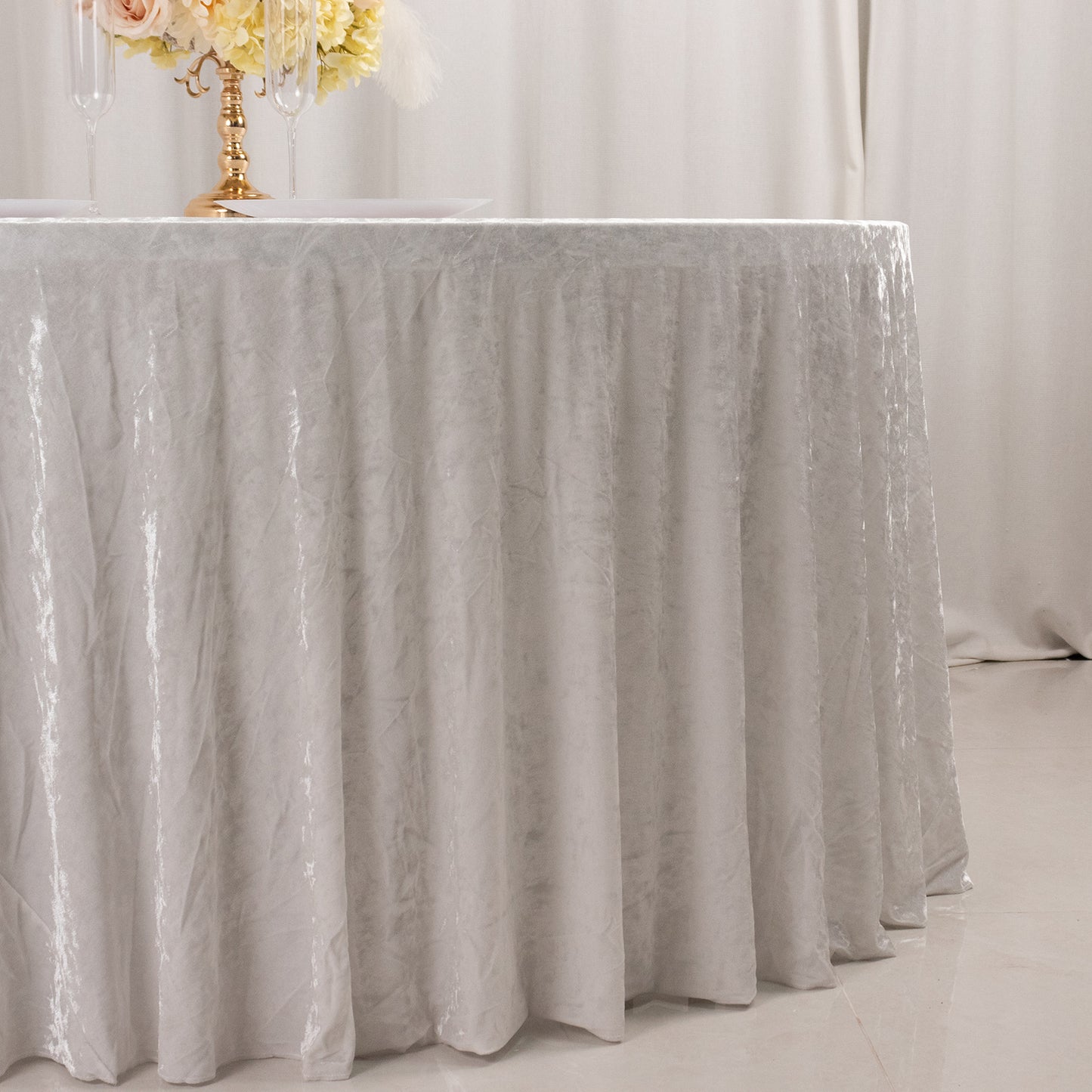 120" White Premium Crushed Velvet Round Tablecloth for 5 Foot Table With Floor-Length Drop