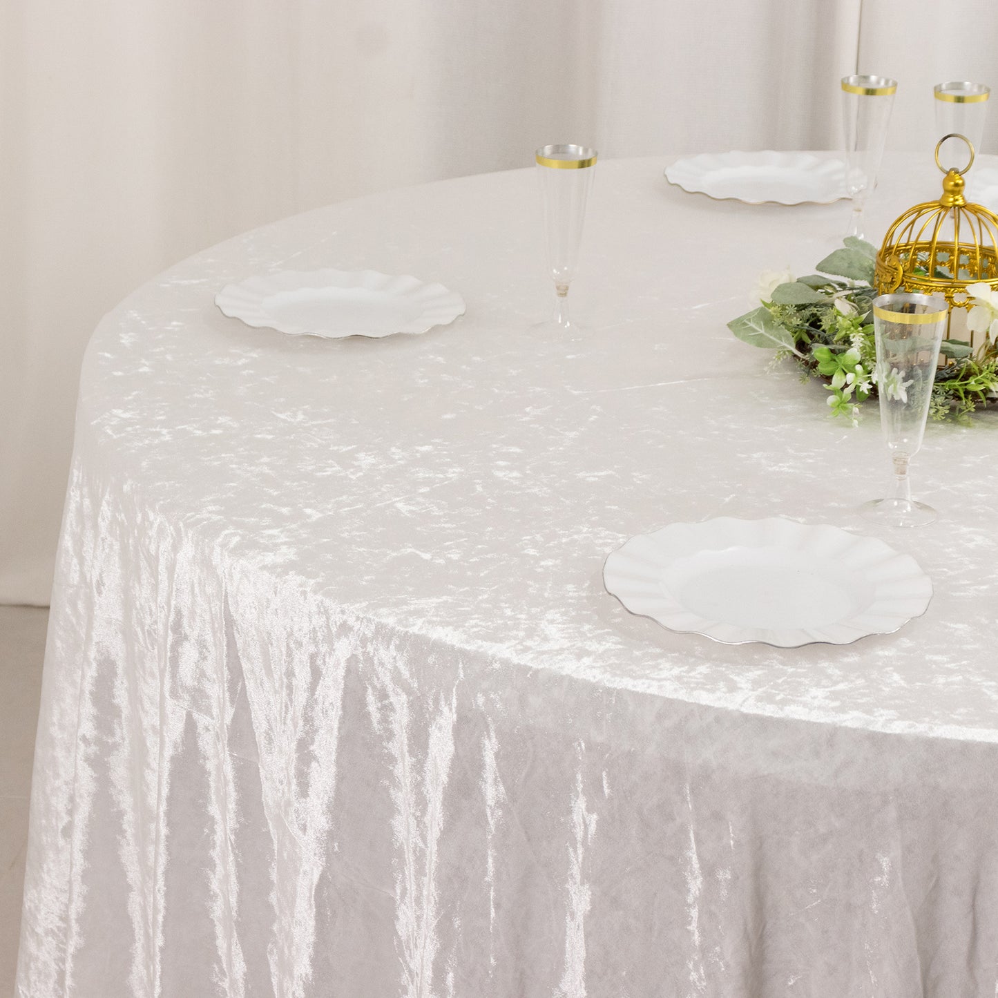 120" White Premium Crushed Velvet Round Tablecloth for 5 Foot Table With Floor-Length Drop