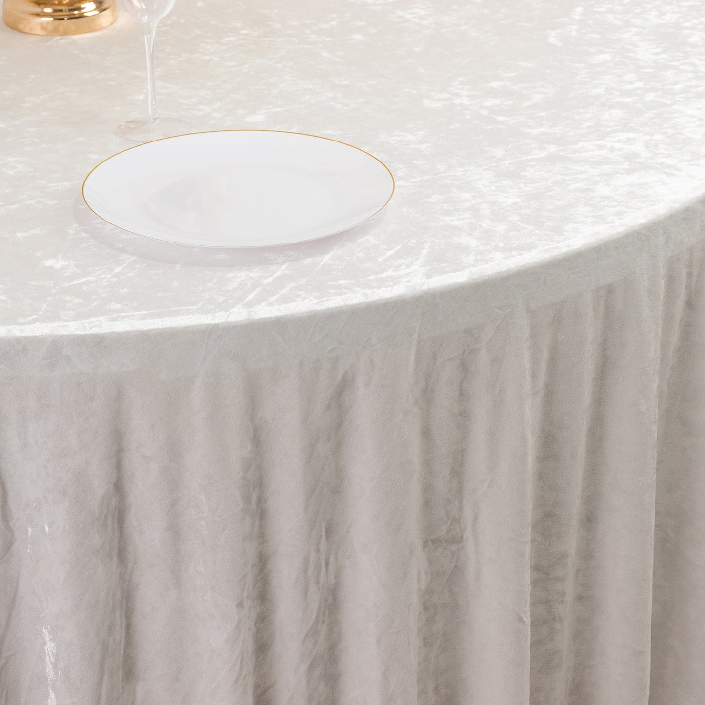 120" White Premium Crushed Velvet Round Tablecloth for 5 Foot Table With Floor-Length Drop