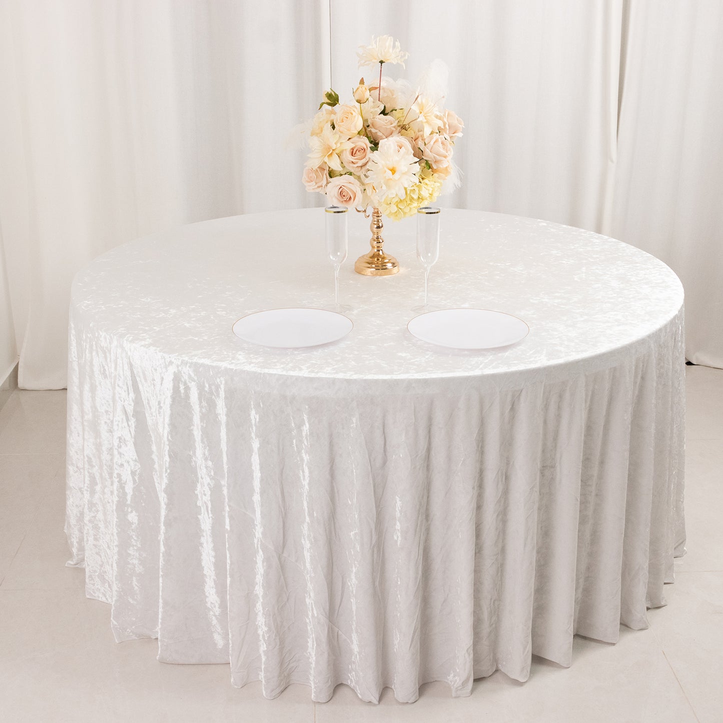 120" White Premium Crushed Velvet Round Tablecloth for 5 Foot Table With Floor-Length Drop