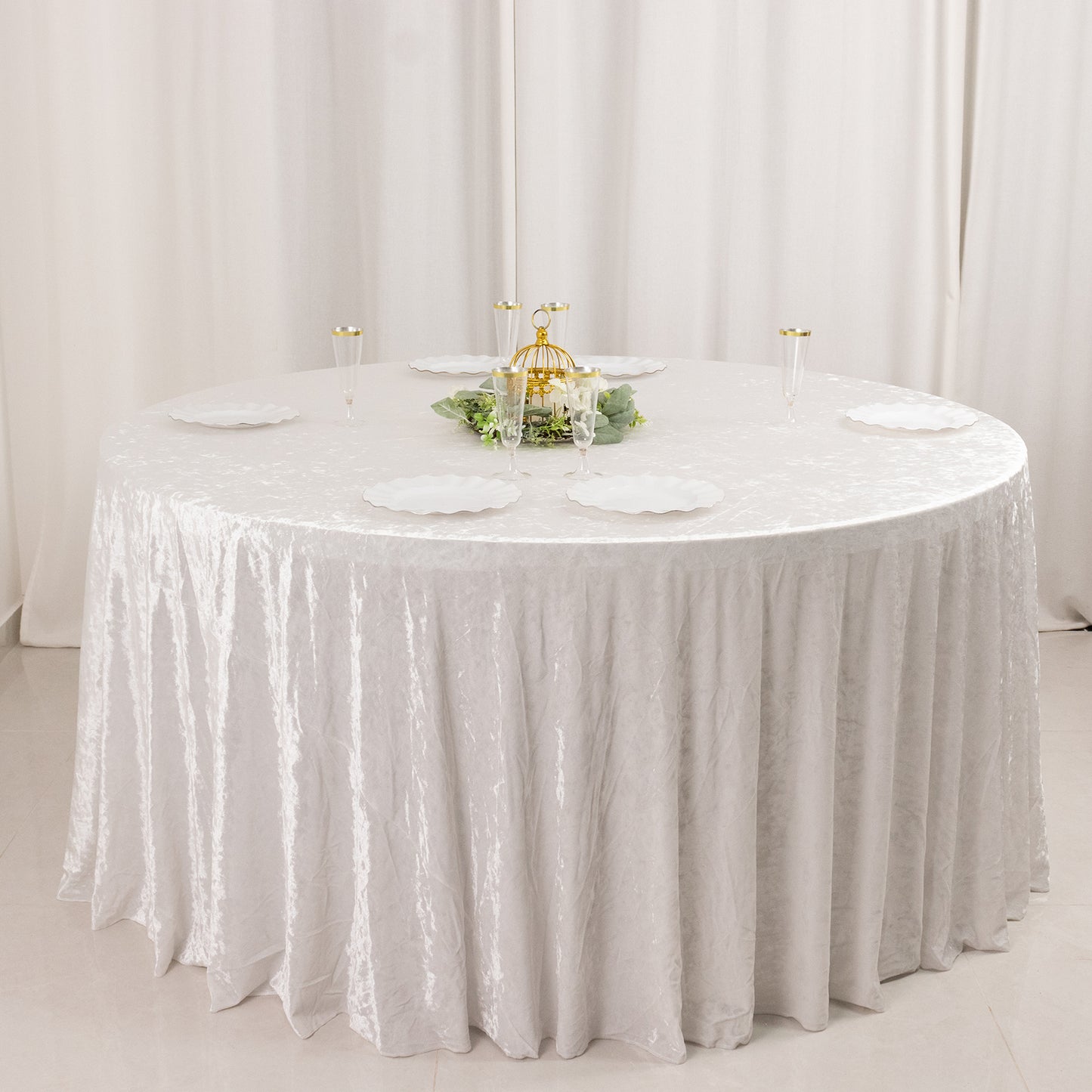 120" White Premium Crushed Velvet Round Tablecloth for 5 Foot Table With Floor-Length Drop