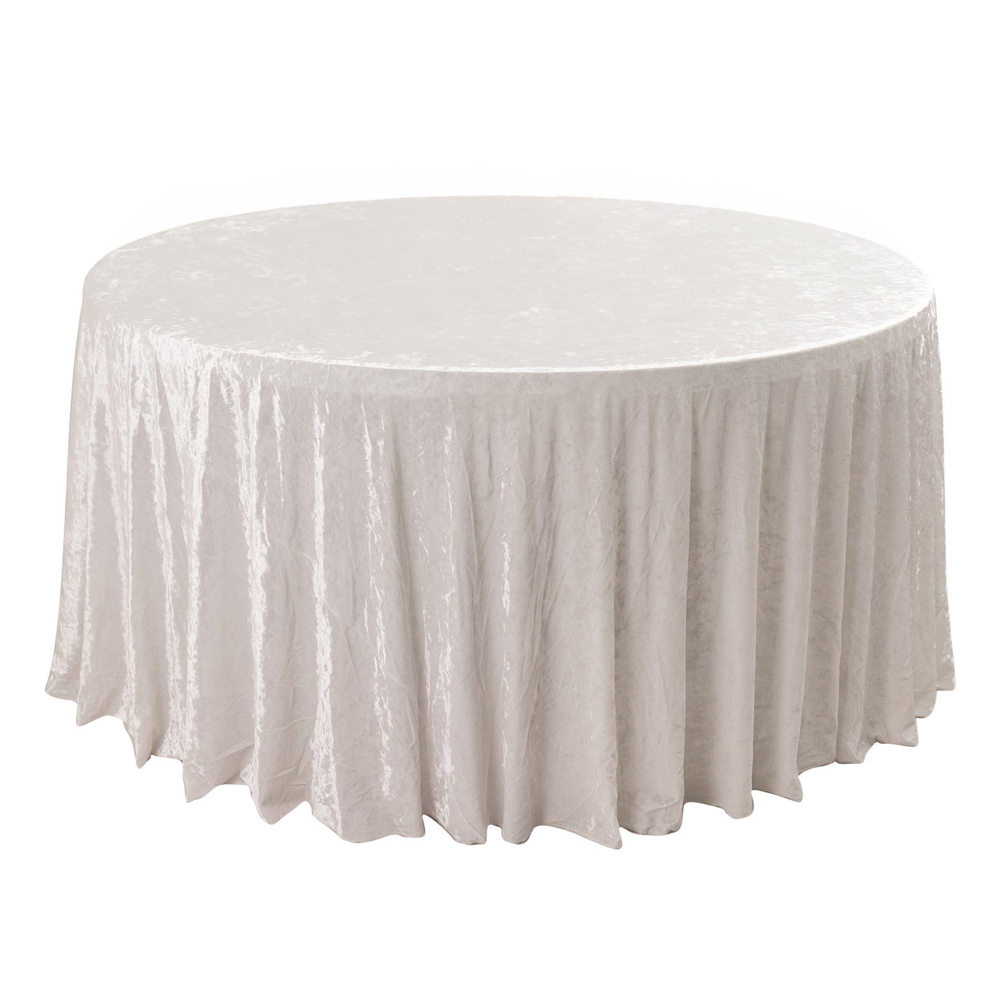 120" White Premium Crushed Velvet Round Tablecloth for 5 Foot Table With Floor-Length Drop