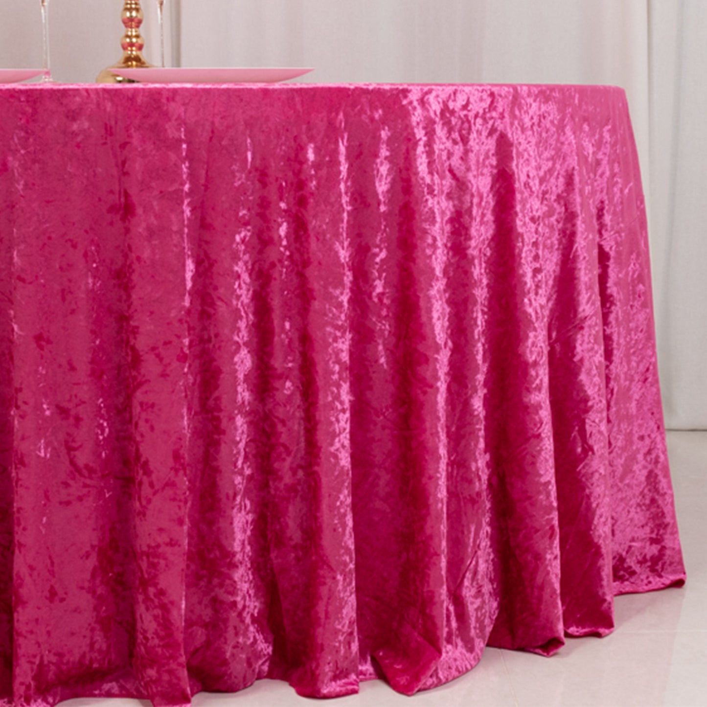 Premium Crushed 132" Round Velvet Tablecloth Fuchsia - Wrinkle-Resistant Seamless Table Cover
