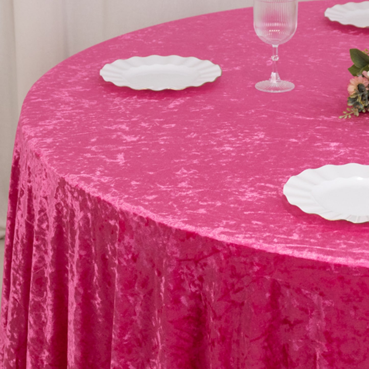 Premium Crushed 132" Round Velvet Tablecloth Fuchsia - Wrinkle-Resistant Seamless Table Cover