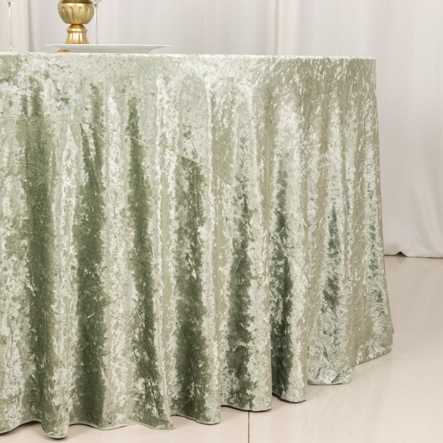Premium Crushed 132" Round Velvet Tablecloth Sage Green - Wrinkle-Resistant Seamless Table Cover
