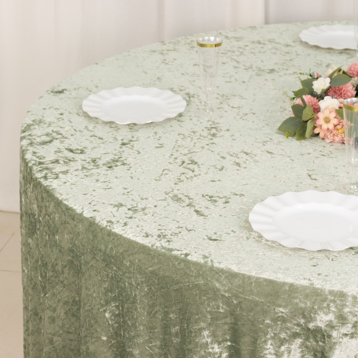 Premium Crushed 132" Round Velvet Tablecloth Sage Green - Wrinkle-Resistant Seamless Table Cover