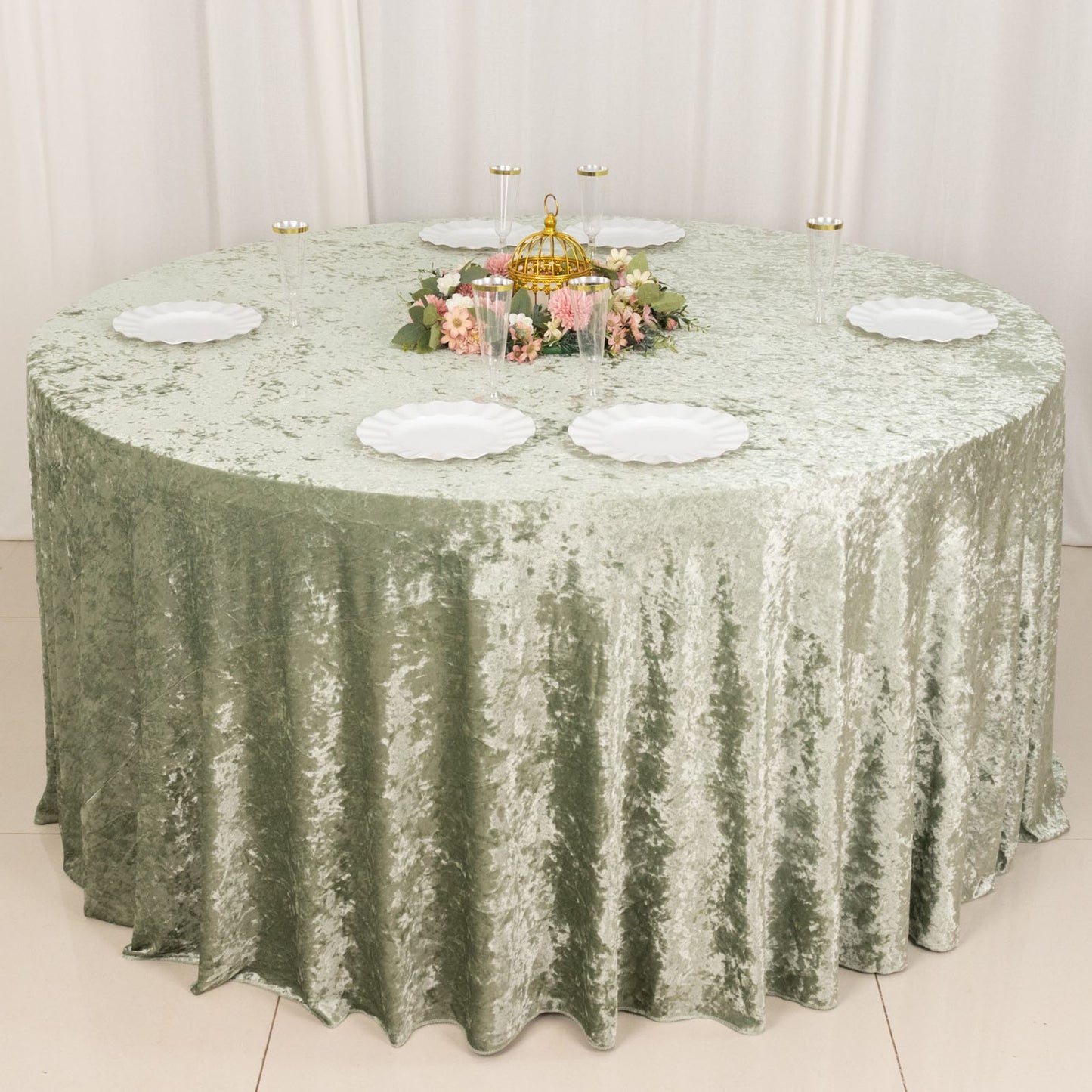 Premium Crushed 132" Round Velvet Tablecloth Sage Green - Wrinkle-Resistant Seamless Table Cover
