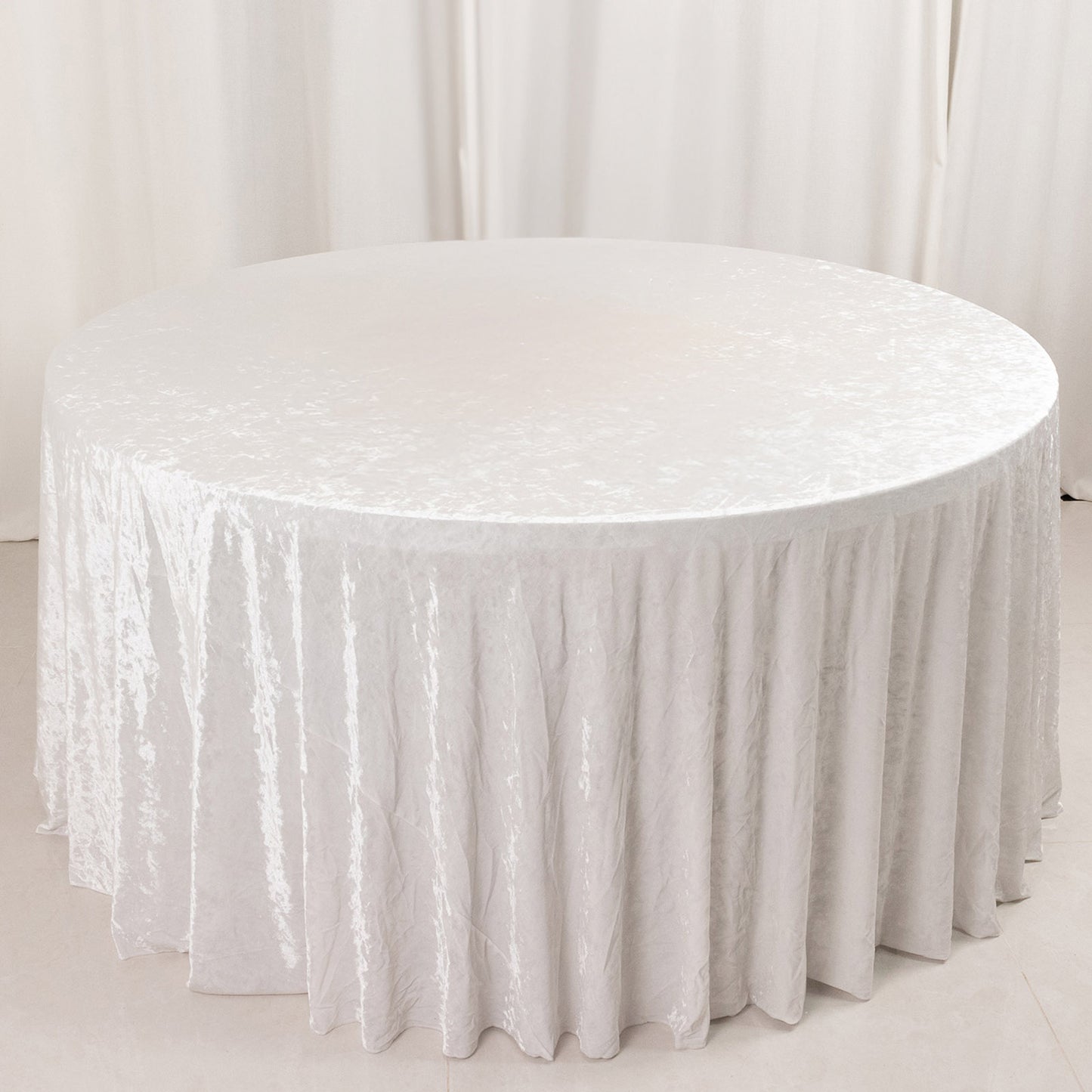 Premium Crushed 132" Round Velvet Tablecloth White - Wrinkle-Resistant Seamless Table Cover