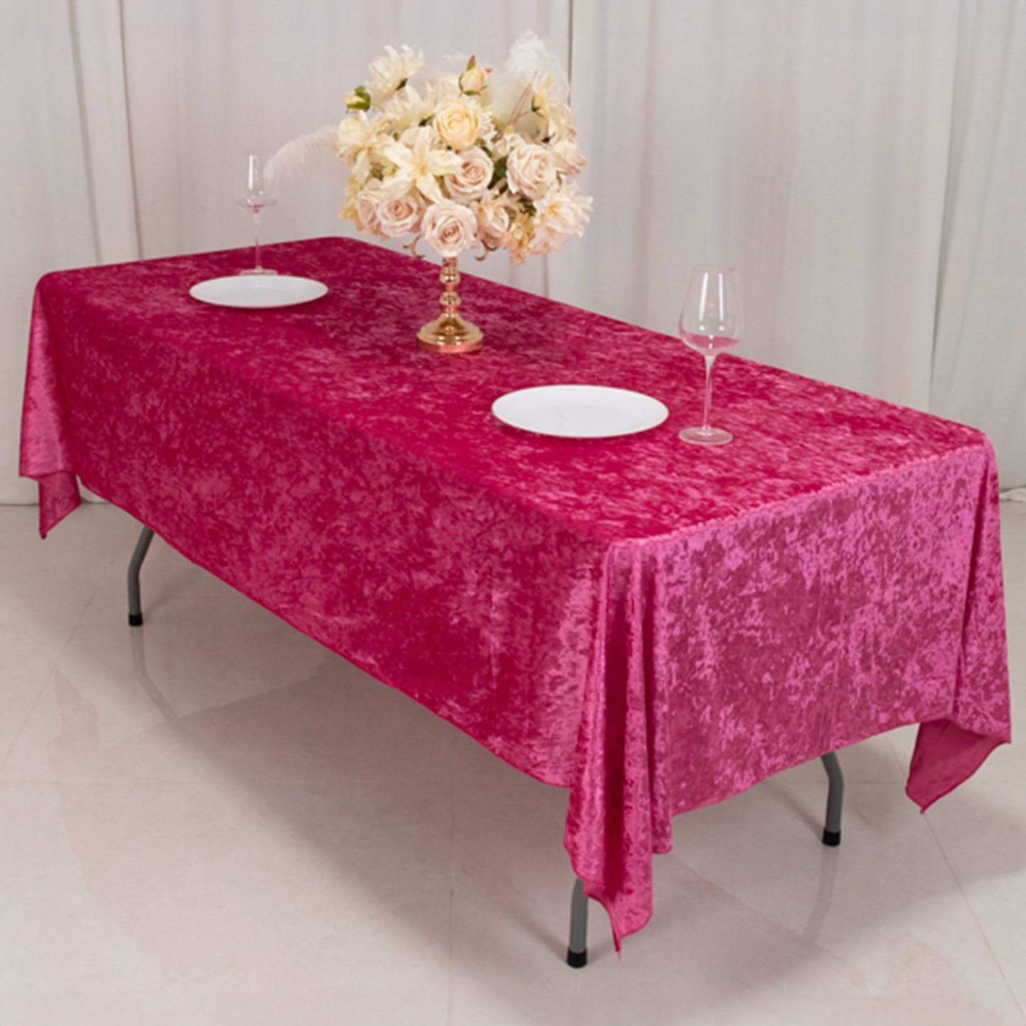 60"x102" Fuchsia Premium Crushed Velvet Rectangular Tablecloth