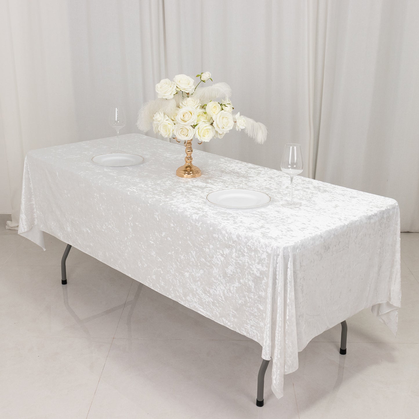 60"x102" White Premium Crushed Velvet Rectangular Tablecloth