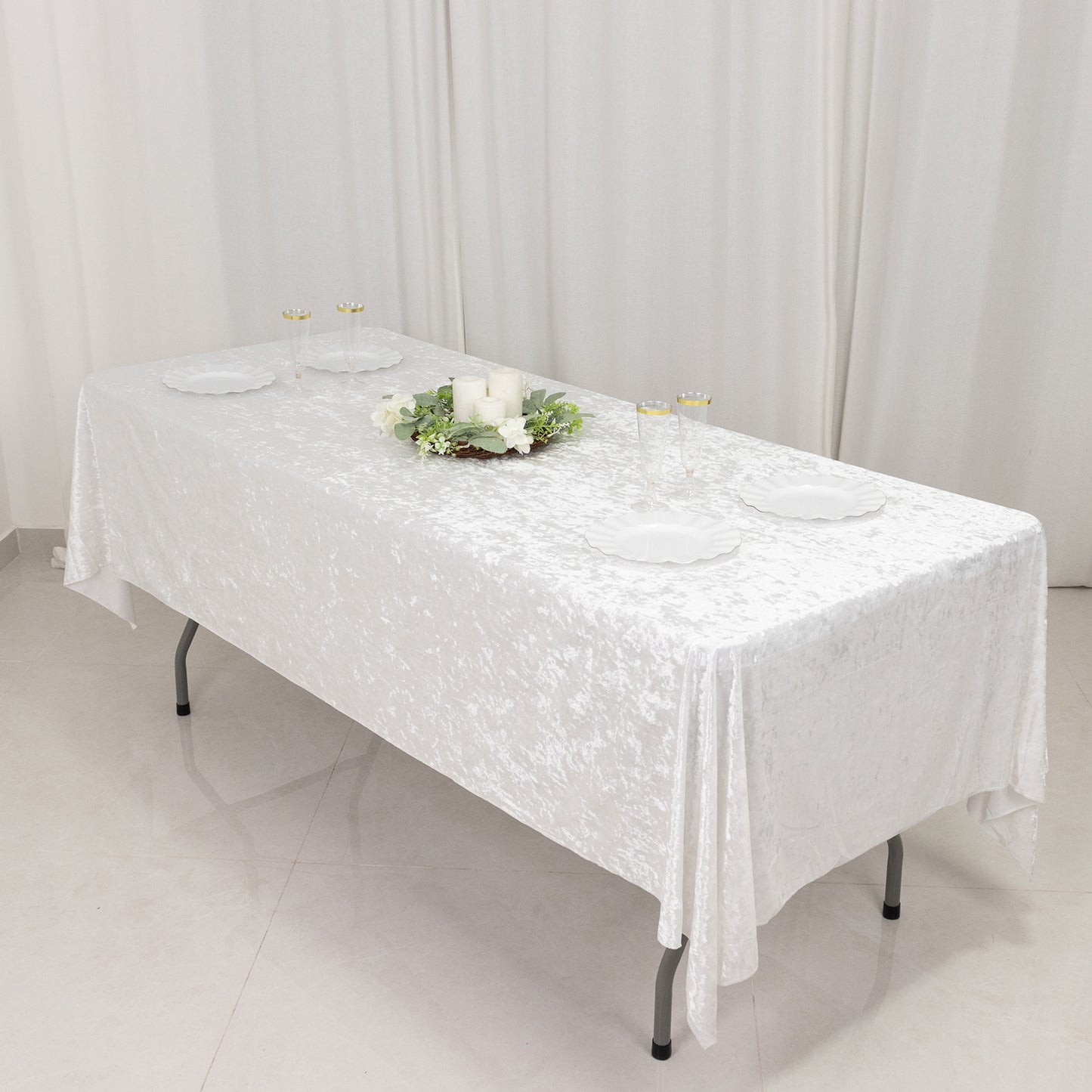 60"x102" White Premium Crushed Velvet Rectangular Tablecloth