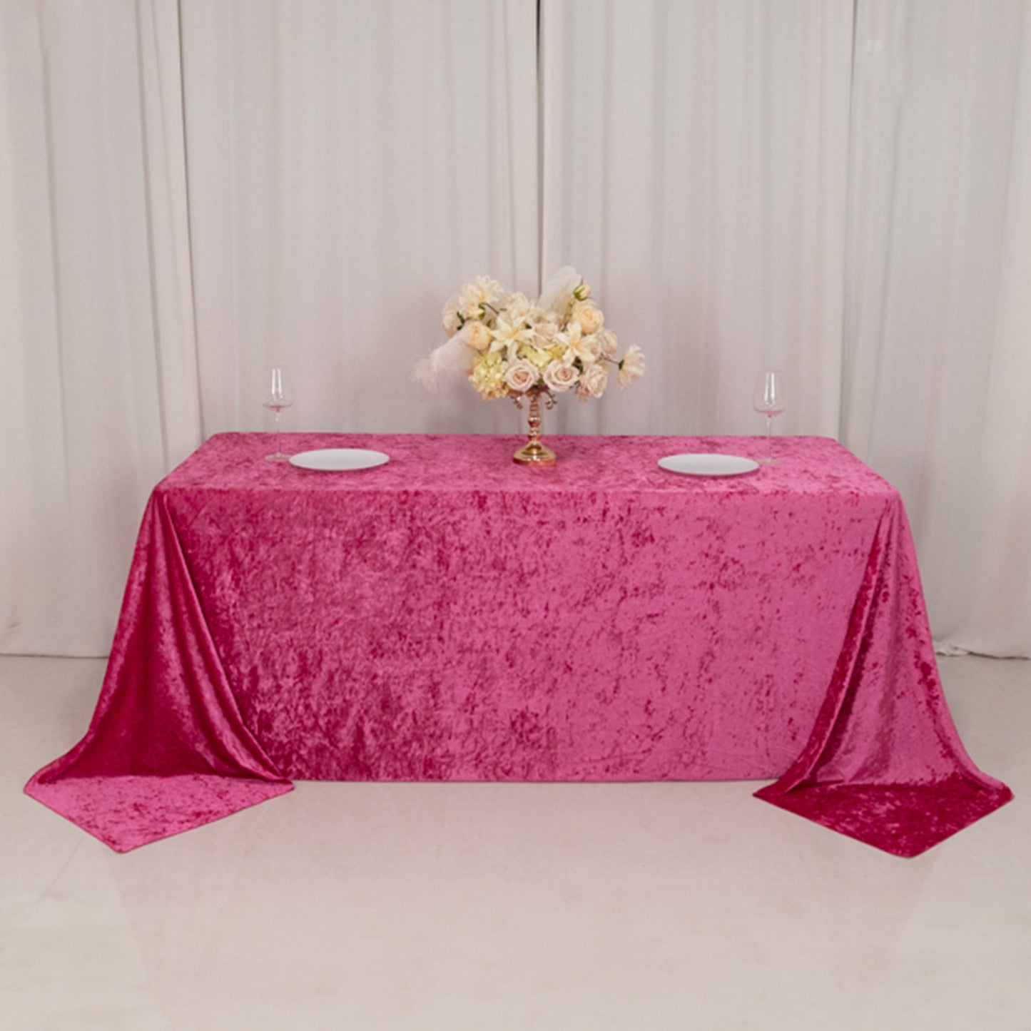 90"x132" Fuchsia Seamless Premium Crushed Velvet Rectangular Tablecloth for 6 Foot Table With Floor-Length Drop