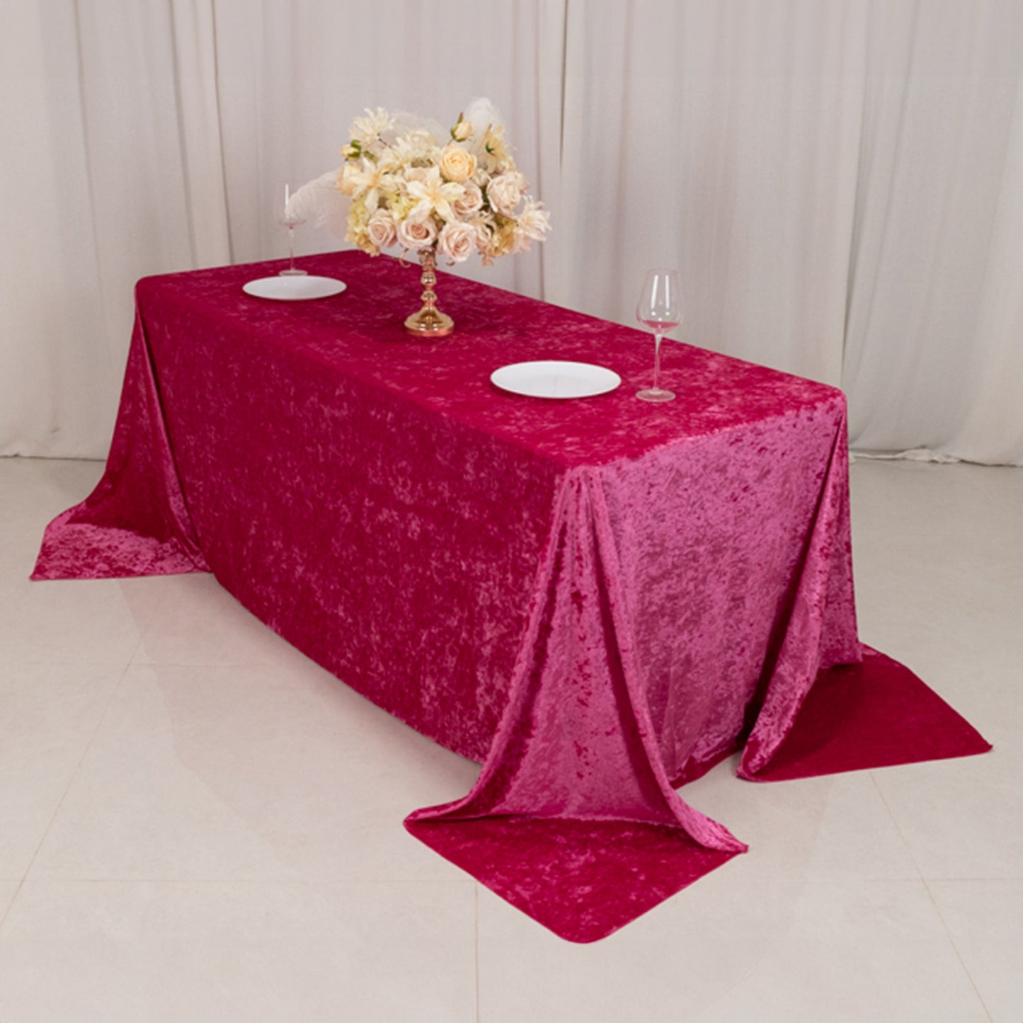 90"x132" Fuchsia Seamless Premium Crushed Velvet Rectangular Tablecloth for 6 Foot Table With Floor-Length Drop