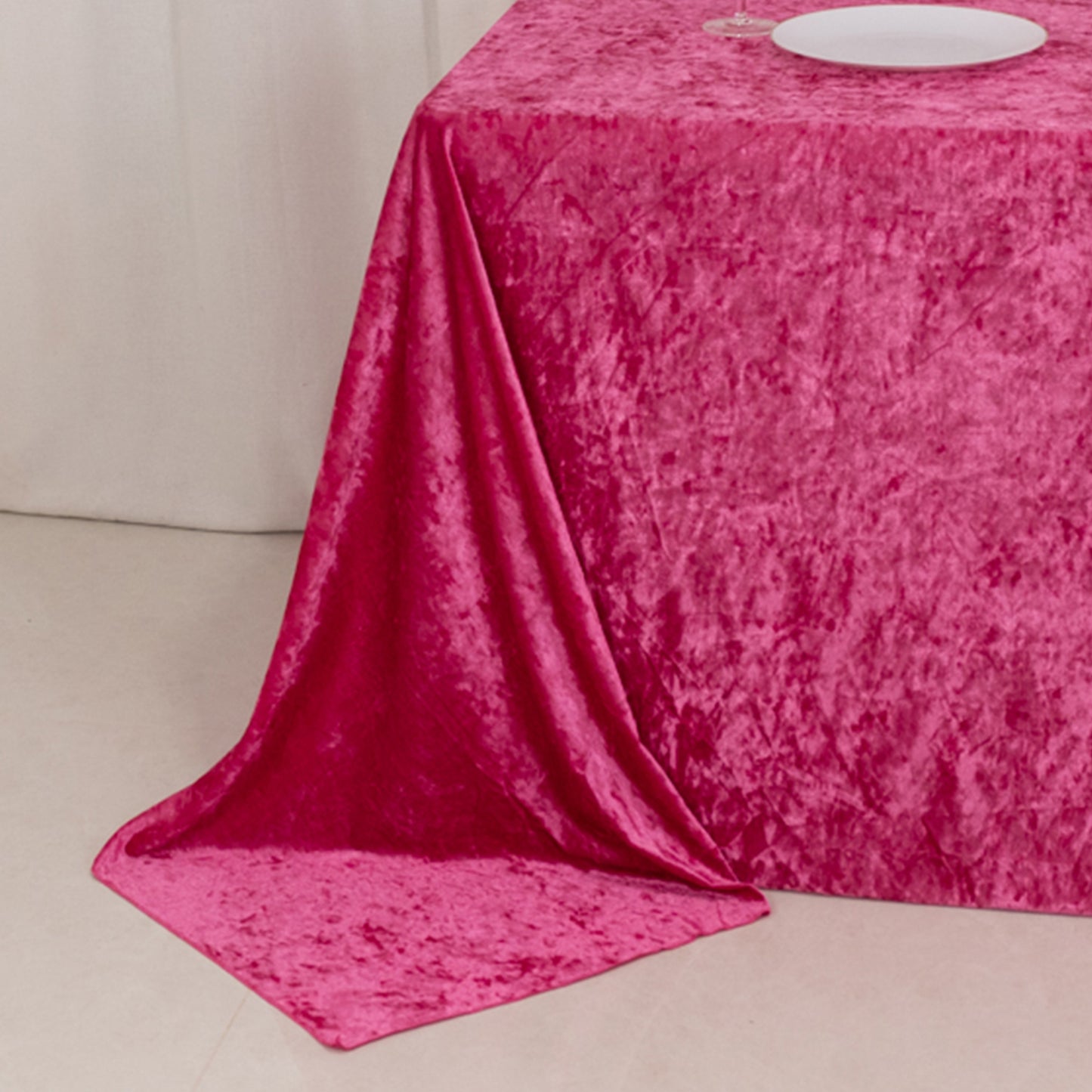 90"x132" Fuchsia Seamless Premium Crushed Velvet Rectangular Tablecloth for 6 Foot Table With Floor-Length Drop