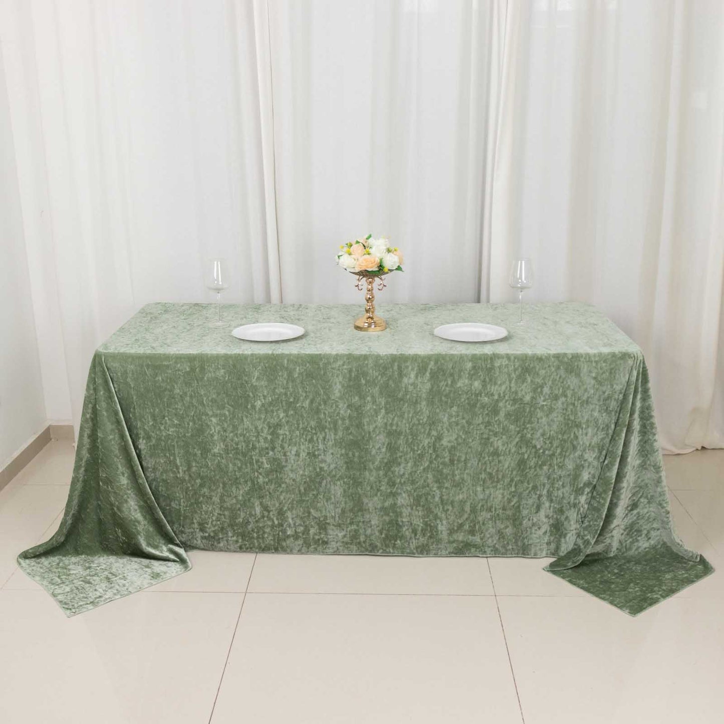 90"x132" Sage Green Seamless Premium Crushed Velvet Rectangular Tablecloth