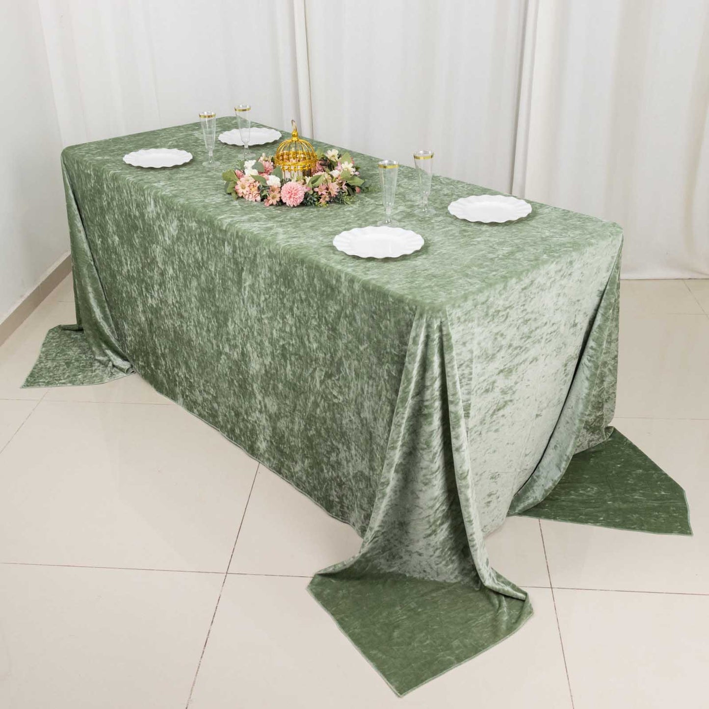 90"x132" Sage Green Seamless Premium Crushed Velvet Rectangular Tablecloth