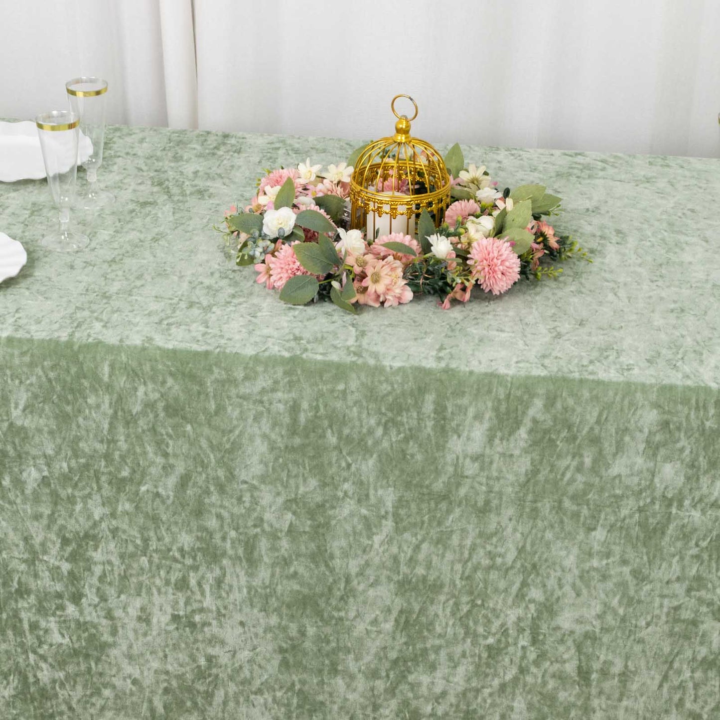 90"x132" Sage Green Seamless Premium Crushed Velvet Rectangular Tablecloth