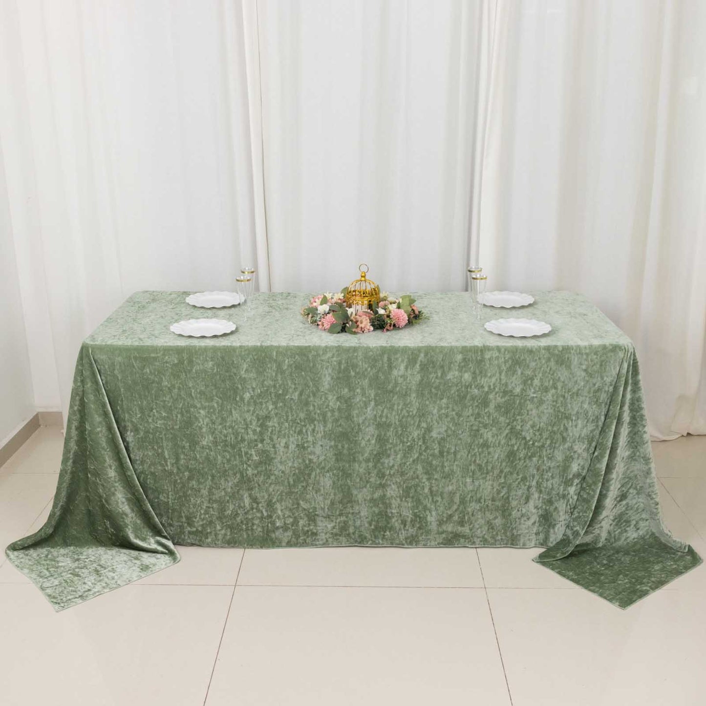 90"x132" Sage Green Seamless Premium Crushed Velvet Rectangular Tablecloth