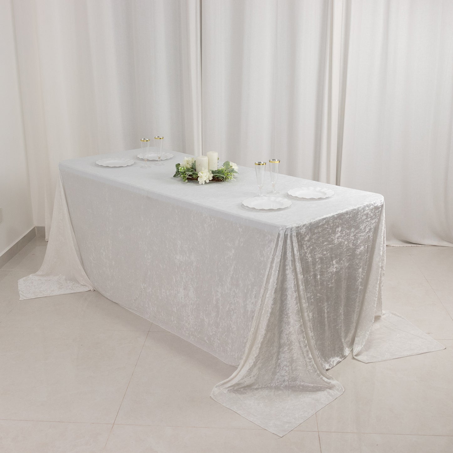 90"x132" White Seamless Premium Crushed Velvet Rectangular Tablecloth for 6 Foot Table With Floor-Length Drop