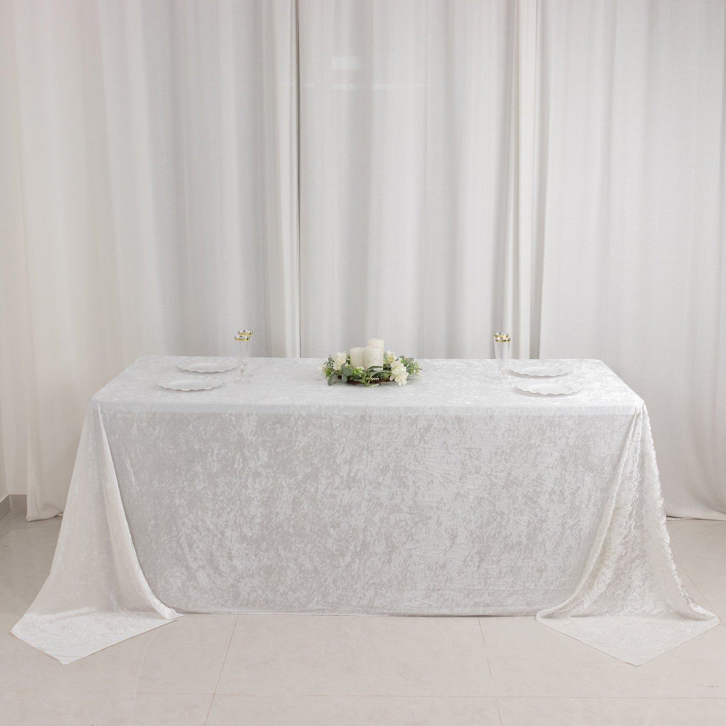 90"x132" White Seamless Premium Crushed Velvet Rectangular Tablecloth for 6 Foot Table With Floor-Length Drop