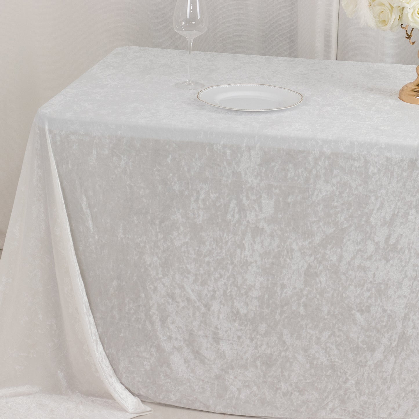 90"x132" White Seamless Premium Crushed Velvet Rectangular Tablecloth for 6 Foot Table With Floor-Length Drop