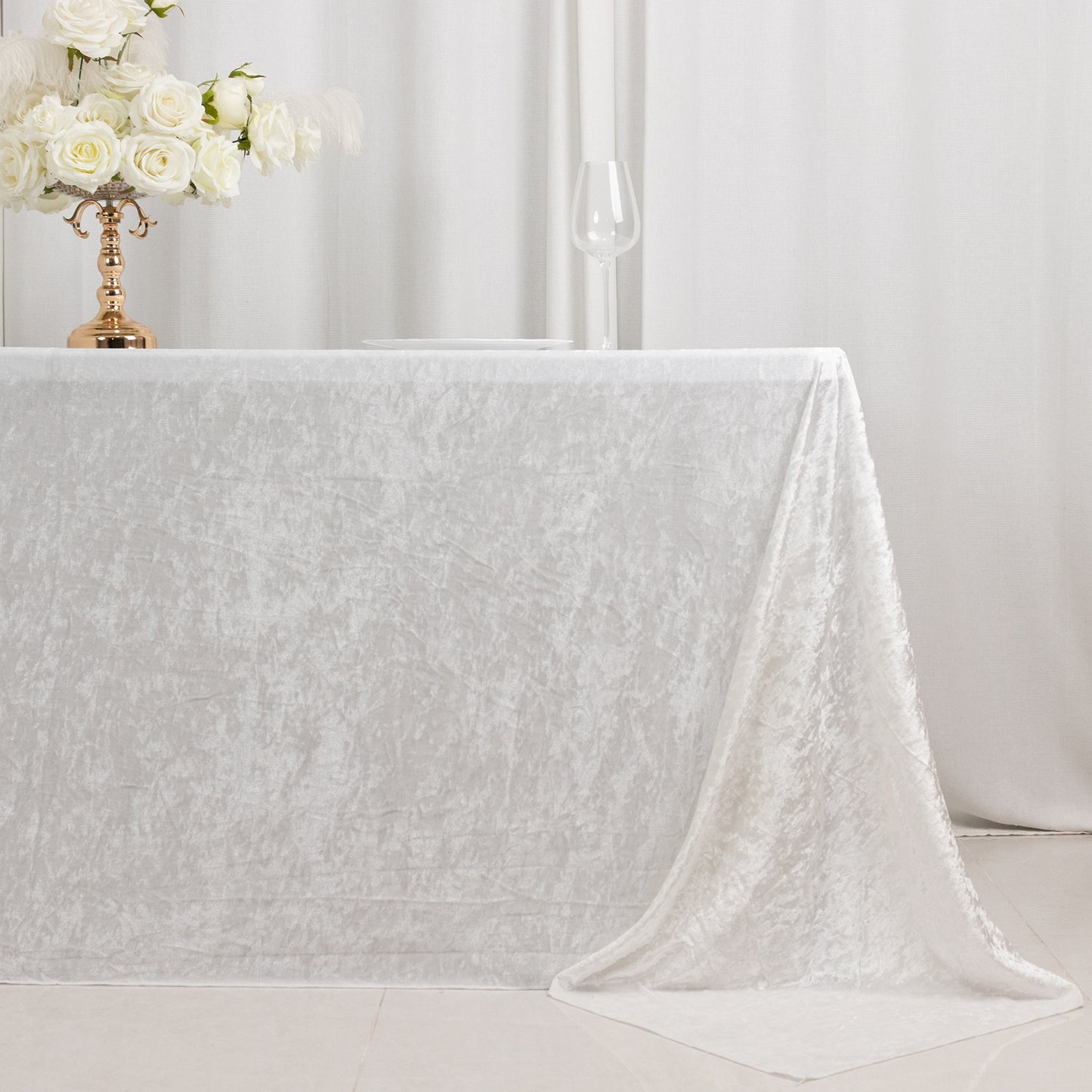 90"x132" White Seamless Premium Crushed Velvet Rectangular Tablecloth for 6 Foot Table With Floor-Length Drop